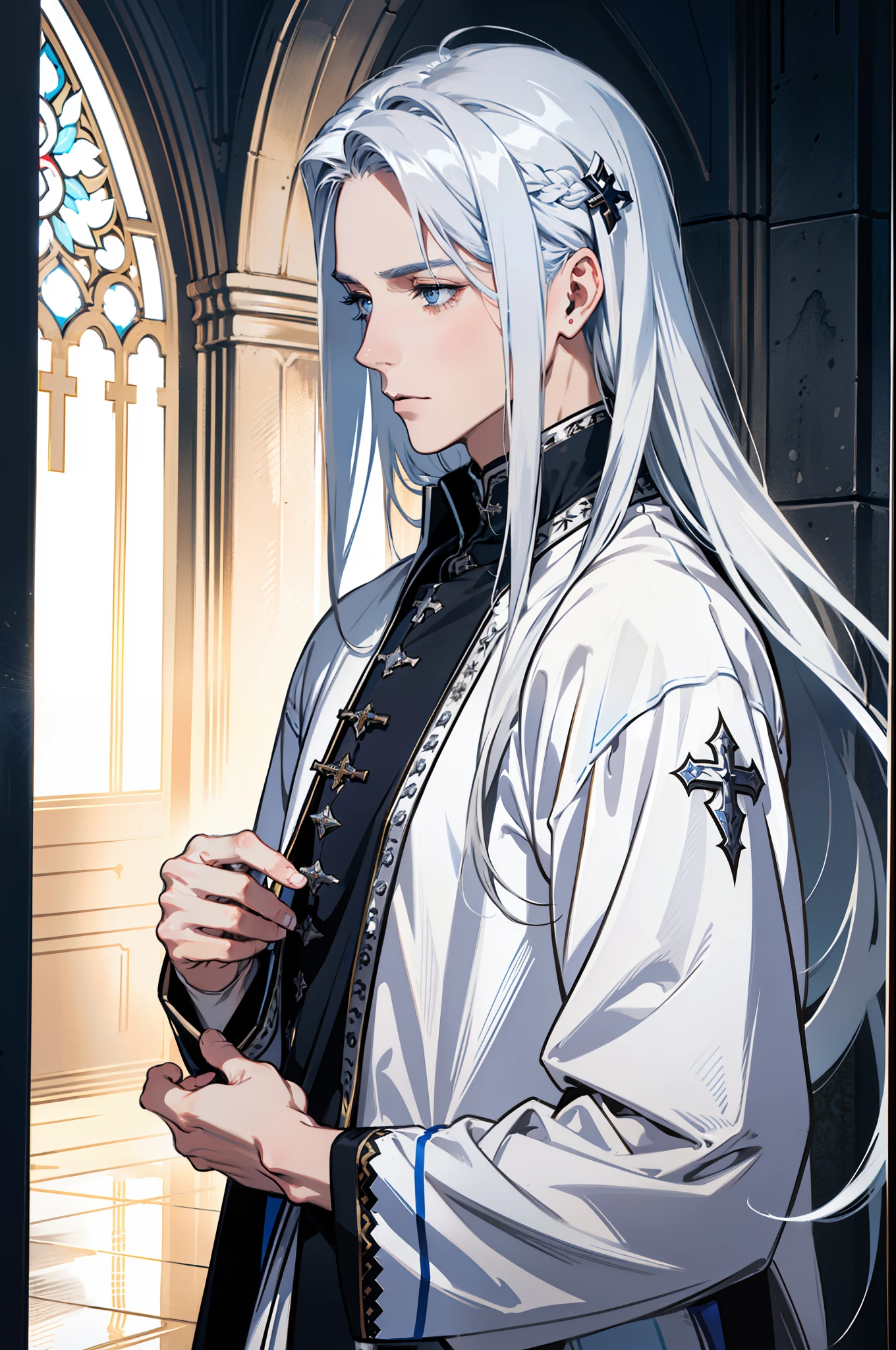 1 male, beautiful male body, tall man, muscles, (Very long silver hair, Hair color silver, street hairstyle) , (silver color eyes), realistic eyes, beautiful eyes), Priest's clothes, (He wore a priest in white with some blue details, white color priest clothes), (8k wallpaper), (blue color church wallpaper) 8k, high quilty, realistic, beautiful realistic, Cool details, raw photo, realistic clothing, long hair, silver hair, realistic hair, Light and cool lighting, photo realistic, Cel shaded, Gel lighting, ultra details, (man is a priest, the high priest)