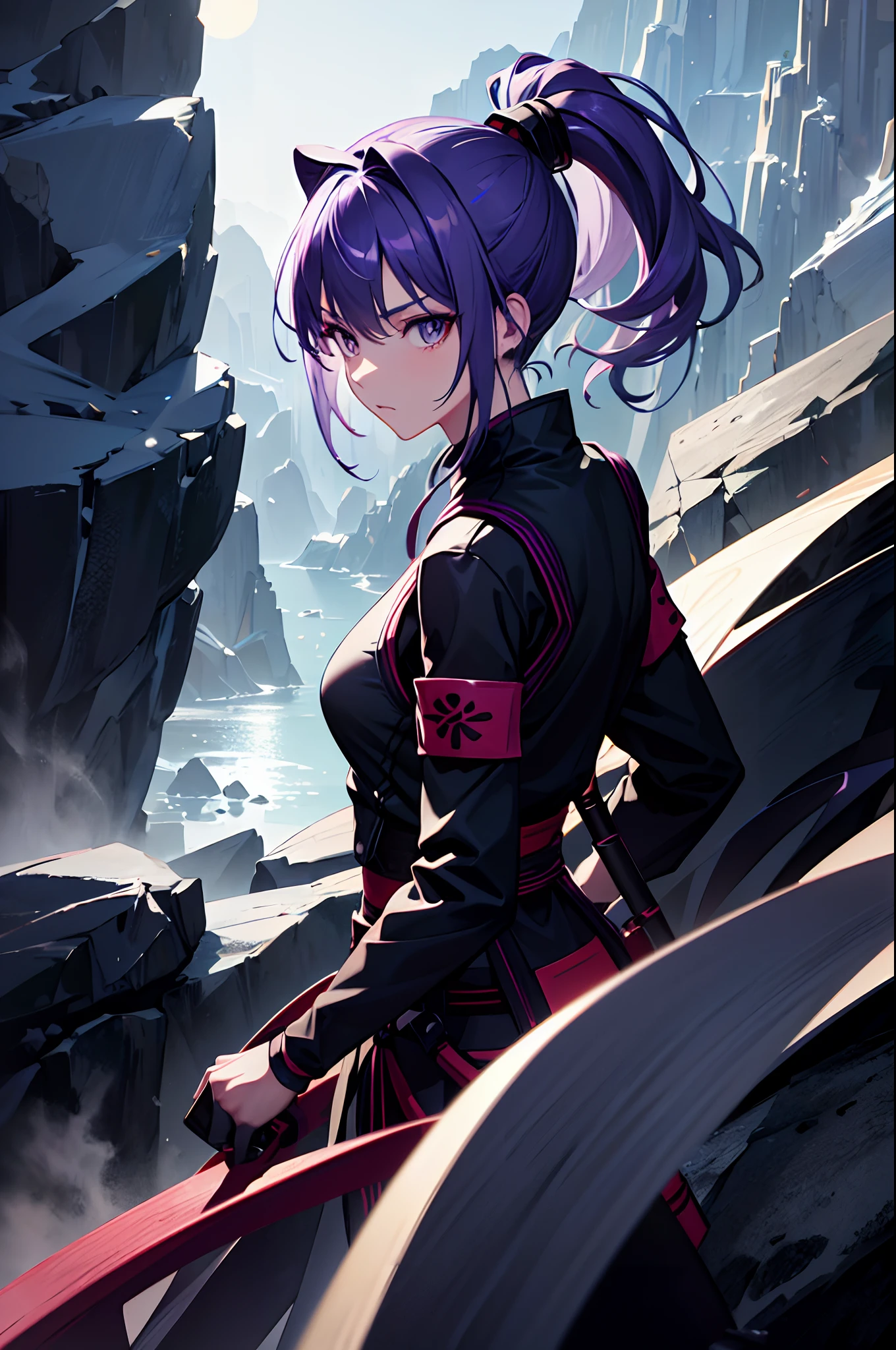 a teenager, female, (japanese ninja), (solo), ((looks back)), beautiful, ninja grab, on the top of cliff, a sliver moon on the dark sky, mouth hold, gradient eyes, mask on head, gradient hair, silver hair, purple hair, ponytail, anime style, cinematic lighting, ray tracing, reflection light, depth of field, glowing light, from behind, best quality, high quality, highres, textured skin, UHD, 8k