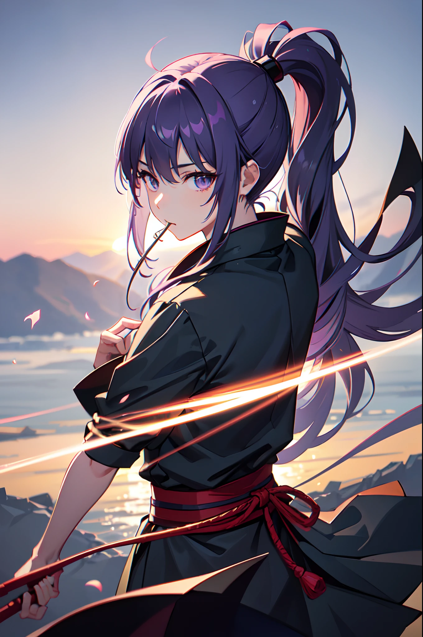 a teenager, female, (japanese ninja), (solo), ((looks back)), beautiful, ninja grab, on the top of cliff, a sliver moon, flowers blowing, mouth hold, gradient eyes, mask on head, gradient hair, silver hair, purple hair, ponytail, anime style, cinematic lighting, ray tracing, reflection light, depth of field, glowing light, from behind, best quality, high quality, highres, textured skin, UHD, 8k