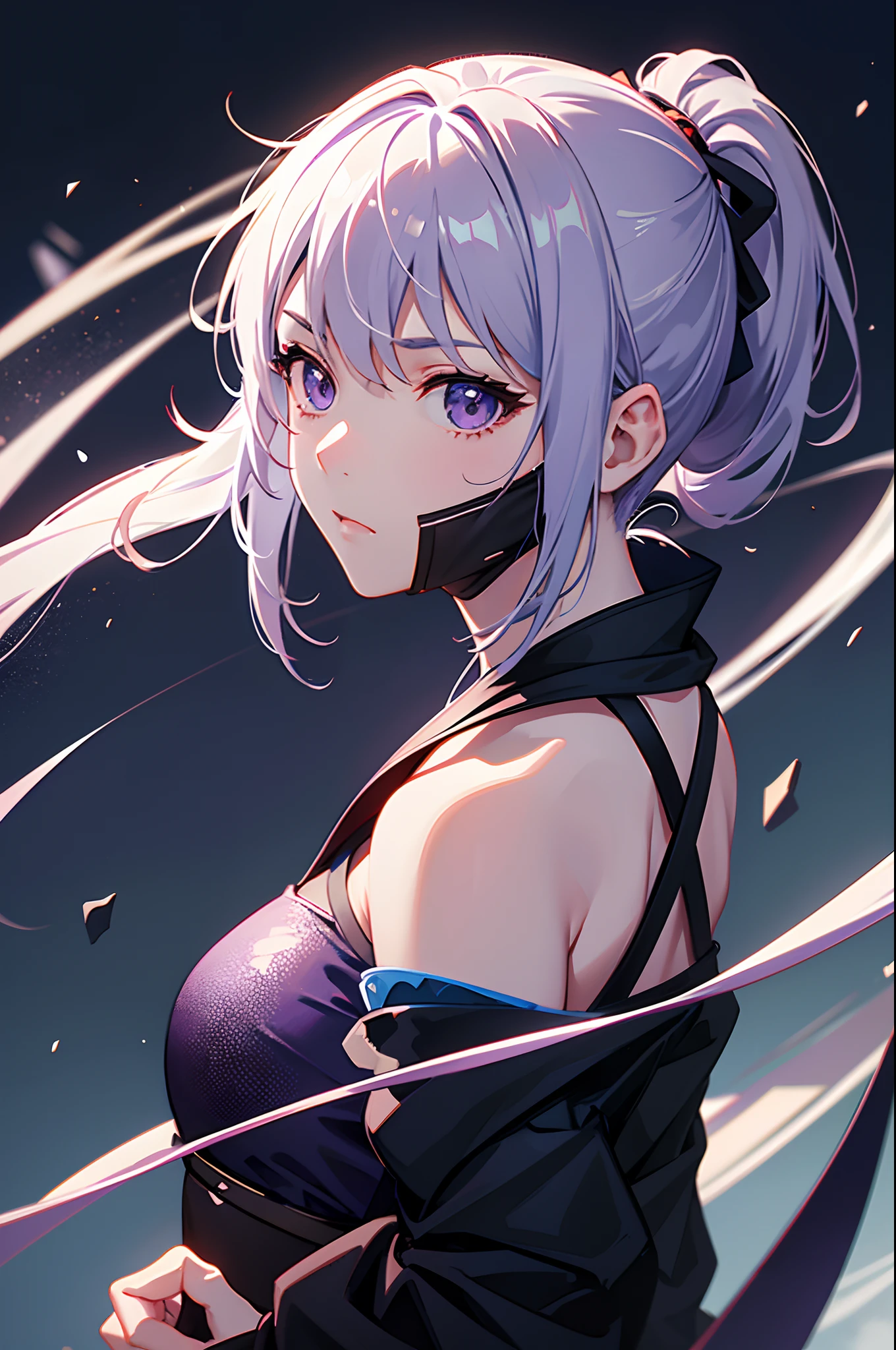 a teenager, female, (japanese ninja), (solo), ((looks back)), beautiful, ninja grab, on the top of cliff, a sliver moon on the dark sky, mouth hold, gradient eyes, mask on head, gradient hair, silver hair, purple hair, ponytail, anime style, cinematic lighting, ray tracing, reflection light, depth of field, glowing light, from behind, best quality, high quality, highres, textured skin, UHD, 8k