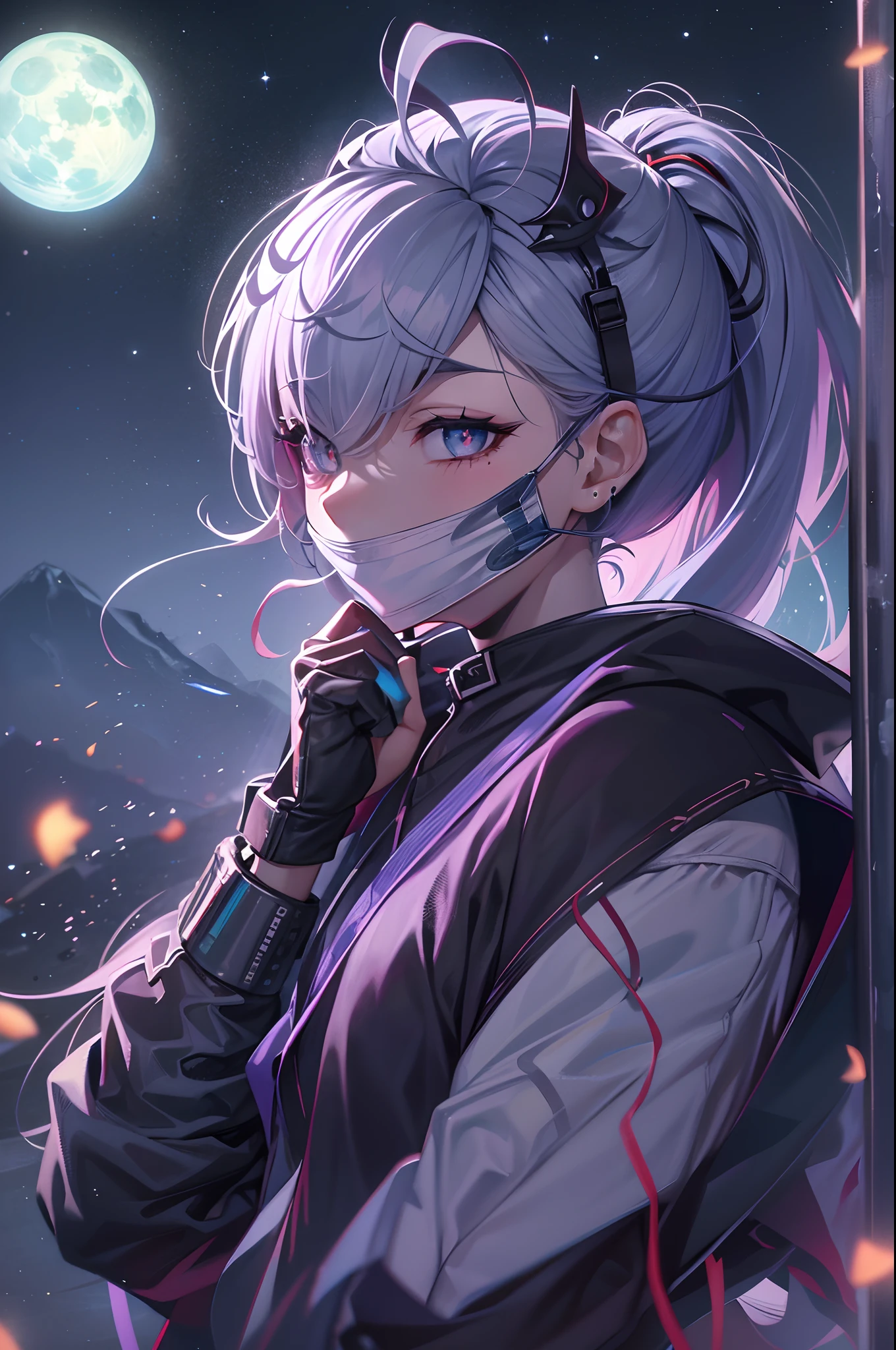 a ager, female, (japanese ninja), solo, ((looks back)), beautiful, on the top of the clif, a sliver moon on the dark sky, mouth hold, gradient eyes, mask on head, gradient hair, silver hair, purple hair, ponytail, anime style, cinematic lighting, ray tracing, reflection light, depth of field, glowing light, from behind, best quality, high quality, highres, textured skin, UHD, 8k