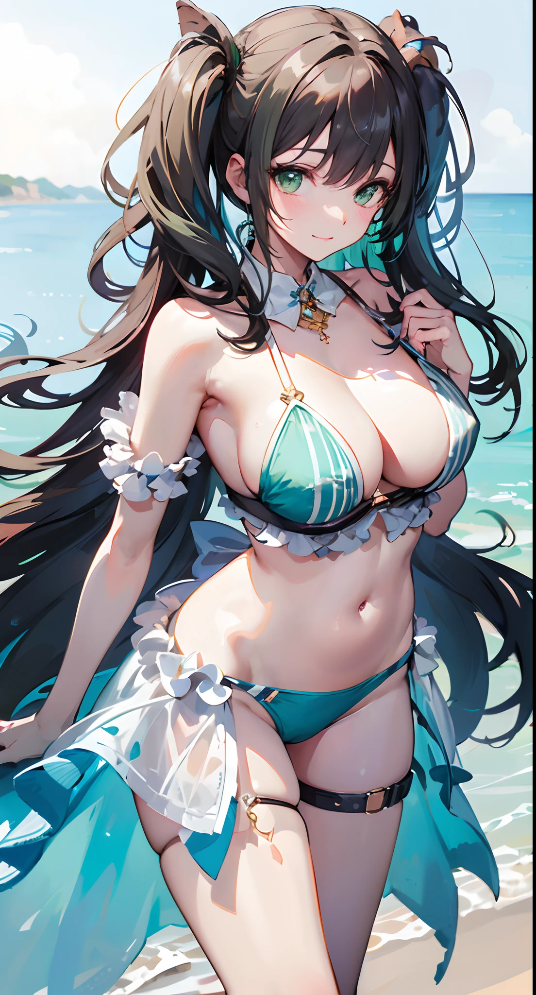 Anime girl in bikini with long hair on the beach near the sea, (((light green hair:1.4))), very detailed Artgerm, Seductive Anime Girl, beautiful alluring anime woman, ArtGerm. Anime Illustration, ArtGerm on ArtStation Pixiv, anime goddess, Trending on ArtStation pixiv, beautiful anime woman, digital art on pixiv, at pixiv, like artgerm