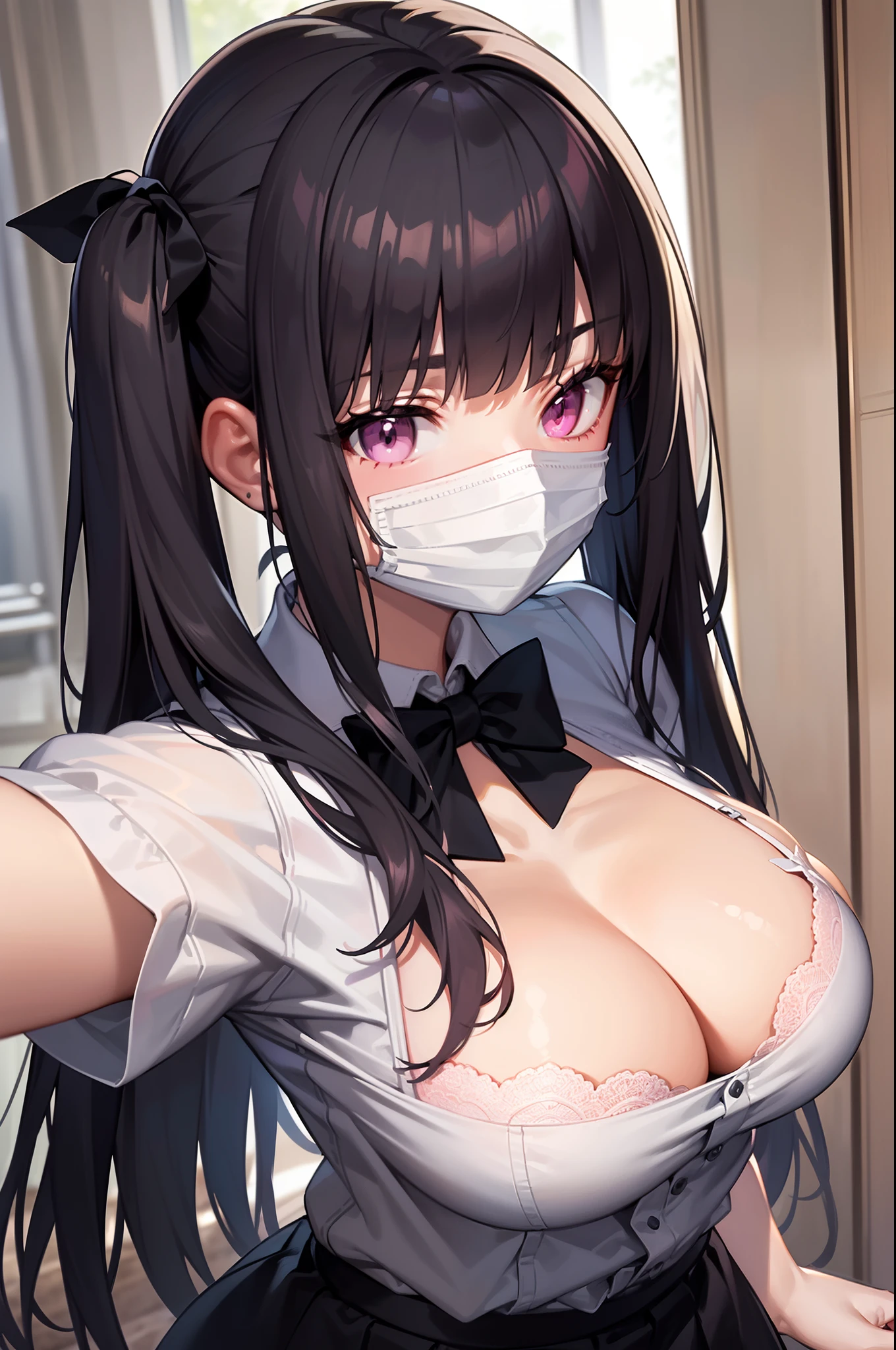 masterpiece, best quality, ultra detailed beautiful face and eyes,solo, beautiful girl, black hair, dark pink eyes, blunt bangs, twintails,hair ribbon, large breasts,((light pink blouse)),black bowtie,black frilled skirt,garter belt,black mouth mask,selfie, in the tokyo