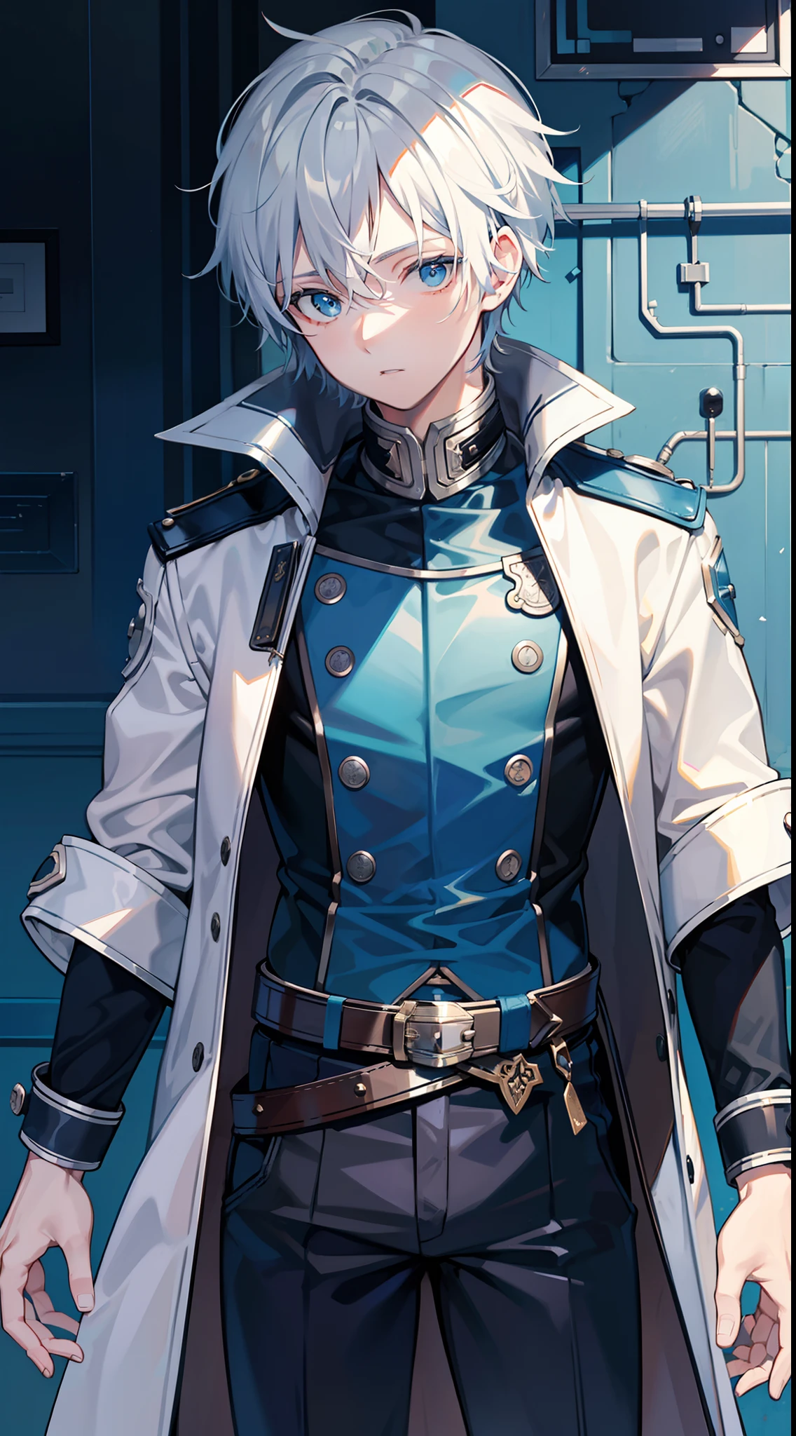 Grown-up guy, short white hair, eyes with blue color, Blue leather coat, belts, circuits, breeches, two swords, Masterpiece, hiquality