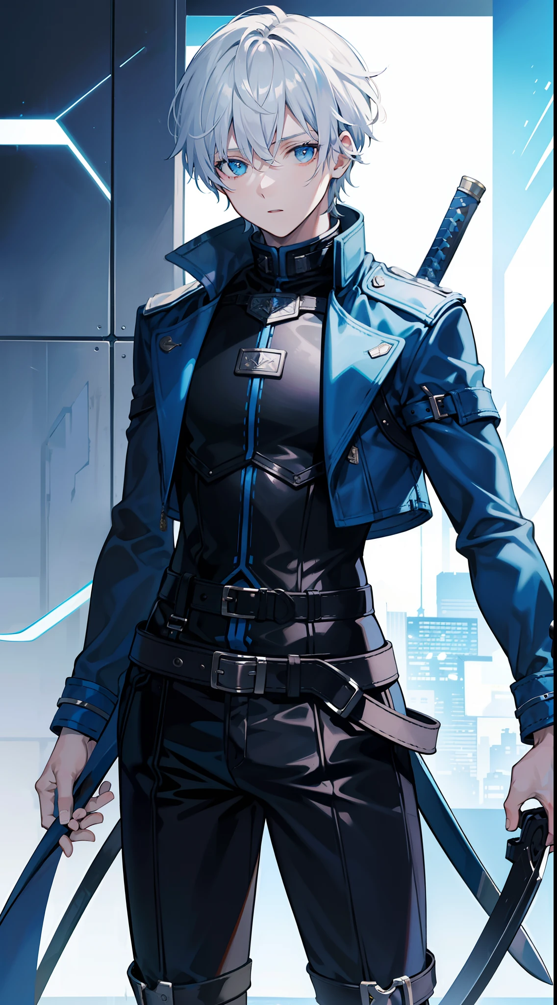 Grown-up guy, short white hair, eyes with blue color, Blue leather coat, belts, circuits, breeches, two swords, Masterpiece, hiquality