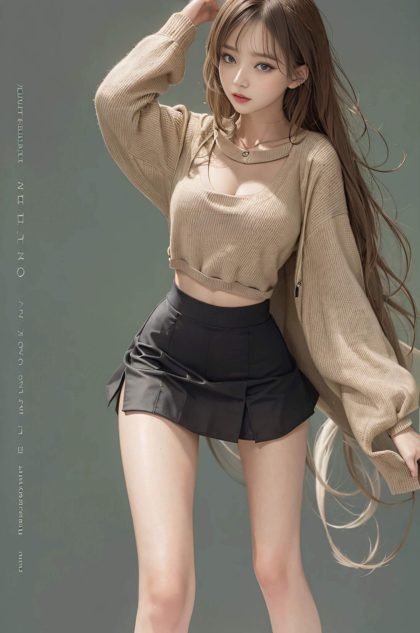 Top image quality、Raw photography、超A high resolution、An 18-year-old woman、Shooting for one person only、modelshoot、big round chest、cleavage of the breast、tshirts、Wearing a black skirt、Beautiful Eyes of Details、very elongated eyes、Beautiful eyelashes、Beautiful double eyelids、Black walls、very slender legs、Shorthair with light brown hair、very slender physique、Very small buttocks
