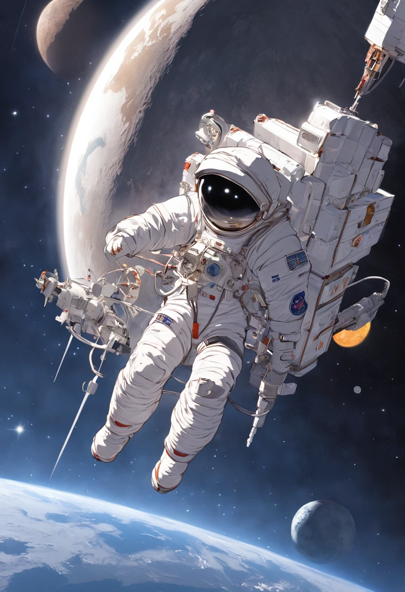 1 astronaut, helmet, space suit, (floating in zero gravity:1.2), earth, Moon, stars, Spaceship, (Reflect sunlight:0.8), Milky Way, (Distant galaxies:1.3), moons, rocket launch, (exhaust gas:0.9), space station, (Cosmic background radiation:1.1), spacewalk, (Tethered to a spacecraft:1.4), (Repair satellites:1.2), (Weightless environment:0.7), (Communication equipment:0.8), (Explore new planets:1.3), (Collect samples:1.1), solar system, (Reflection of an astronaut on a visor:0.9), (international space station:1.2), (An astronaut's perspective:1.3), (Re-entry into the atmosphere:1.4), (International cooperation:1.2), (View from inside the spacecraft:0.8), (Astronaut training:1.1), (moon landing:1.3), (Spacewalks in spacewalks):1.2), (Lunar rover:1.1), (Explore the unknown:1.4), (The shadow of an astronaut on the surface of the moon:0.9), (Floating tool:0.8), (Majestic globe landscape:1.3), (Interstellar Travel:1.2), (Astronaut badge:0.8), (Spacecraft control:1.1), (Celestial navigation:1.3), (The astronaut's visor reflects the Earth:1.2), (Space travelling:1.4), (The astronauts' spacewalk was tethered to the spacecraft:1.5).