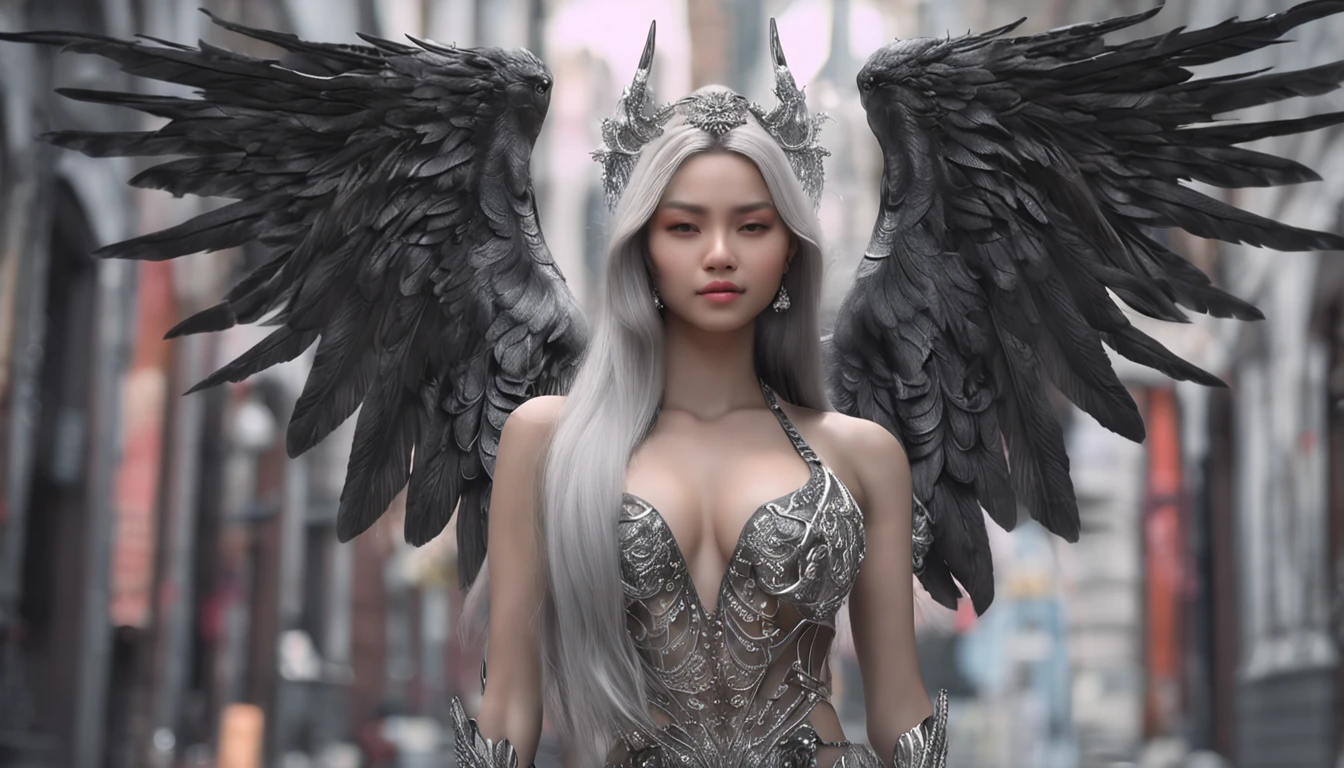 《Very realistic photo》 Produce a full body photo showing an angel and a devil in one woman, beautiful face of Asian beauty, angel smile and devil smile, tattoos all over the body, angel wings and devil wings, beautiful platinum brand long hair and black long hair. High resolution, 32K, very intricately detailed masterpiece.