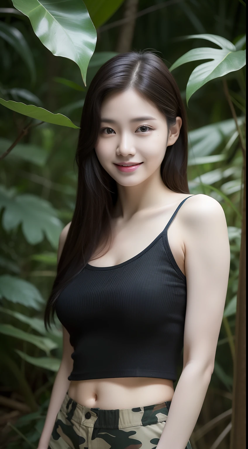 realistic photos of 1 cute Korean star, hair between eyes, white skin, thin makeup, 32 inch breasts size, slightly smile, wearing black camisole tank top, camouflage pants, in the jungle, UHD