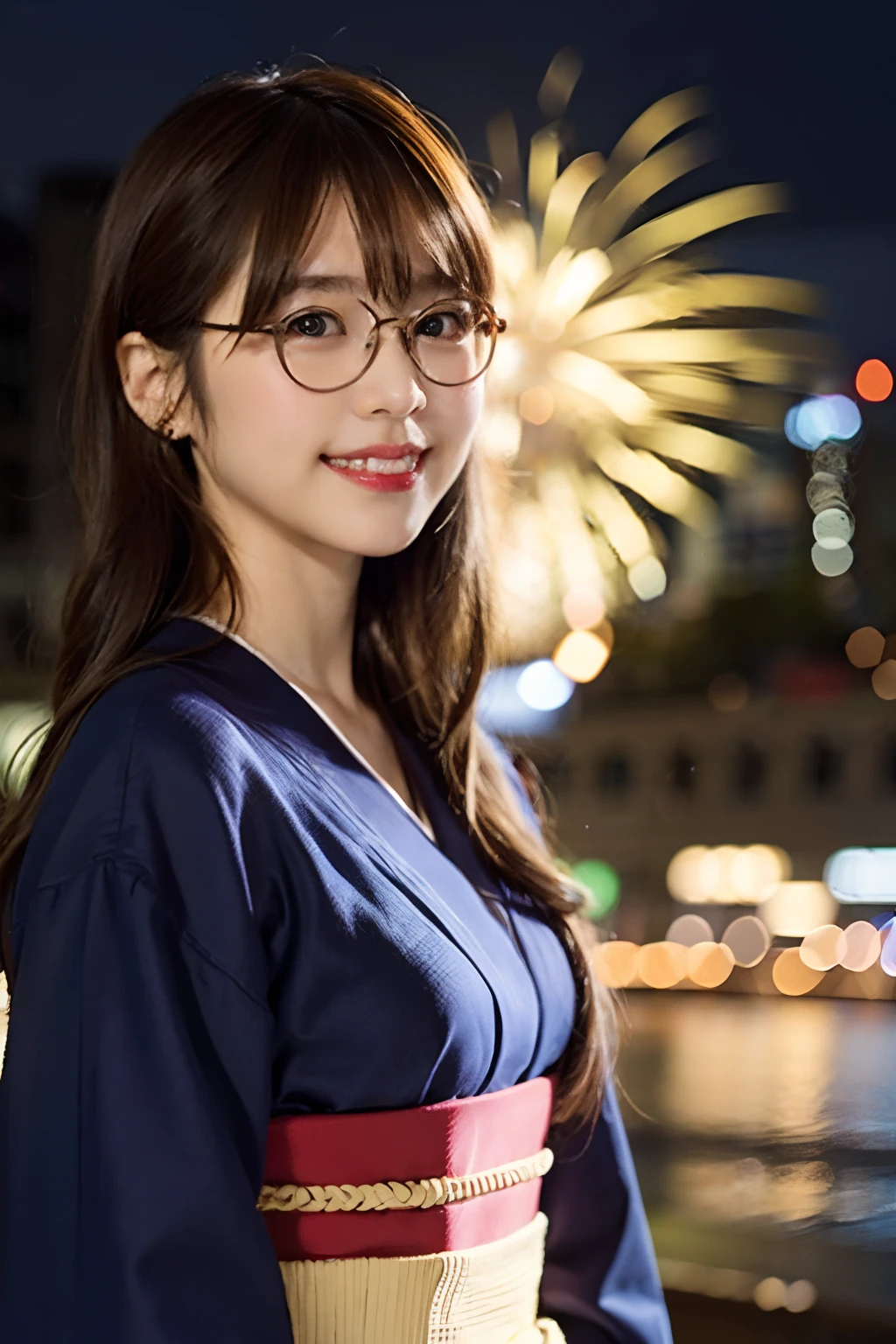 (8K、Raw photography、top-quality、​masterpiece:1.2)、(realisitic、Photorealsitic:1.37)、ultra-detailliert、超A high resolution、1人、see the beholder、beautifull detailed face、A smile、Constriction、(Slim waist) :1.3)、Blue yukata of Japan goldfish、Beautiful detailed skin、Skin Texture、Floating hair、Braided bow hair、Professional Lighting、Fireworks Venue、Black square glasses 、Whole human body、Brown hair、Great fireworks、