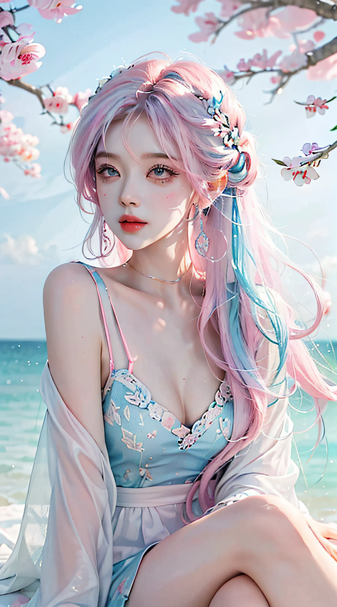 （tmasterpiece、best qualtiy、A high resolution），white backgrounid，Acrylic paints，（（splash of color，Splash ink、Color splattering）），Sweet Chinese girl，light blue long hair，[light blues|Pink big breasts]the hair，curlies，glitters，Pink lips，White color blouse，frontage，Above the legs