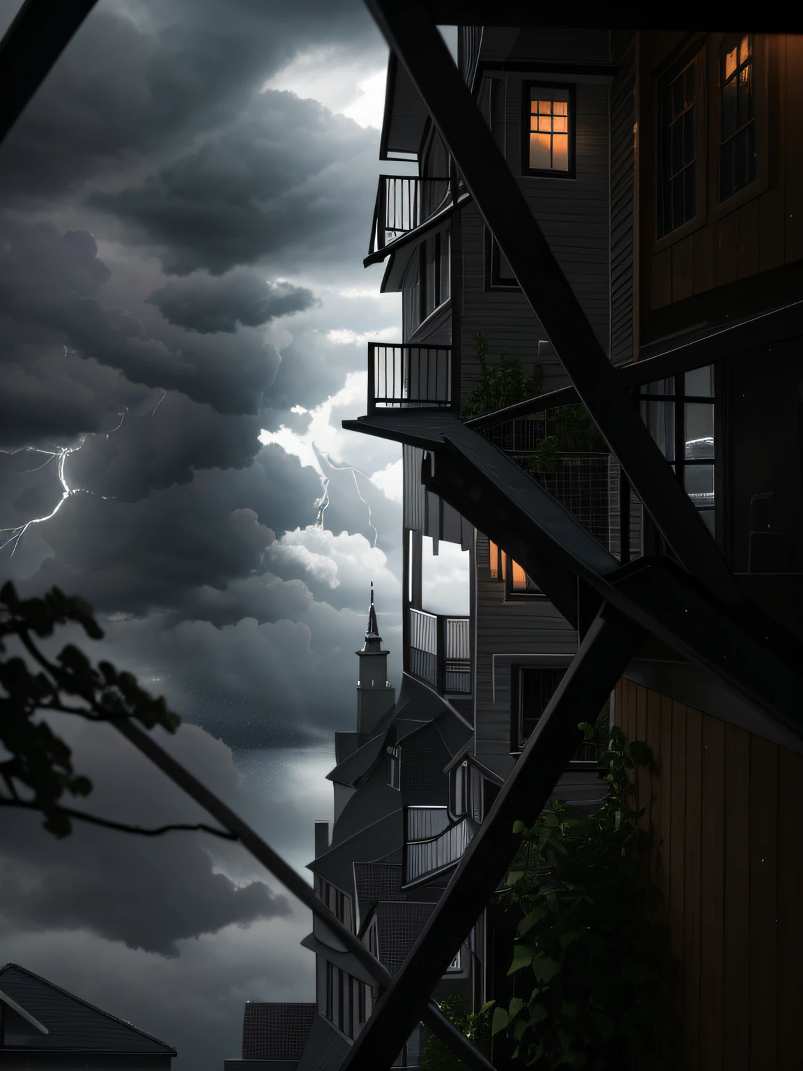 there is a view of a cloudy sky through a window, moody sky at the back, with dramatic sky, in the background a thunderstorm, shot from roofline, with ominous storm clouds, with dark clouds in the sky, with clouds in the sky, clouds in the background, on a cloudy day, storm in the background, gloomy weather. high quality