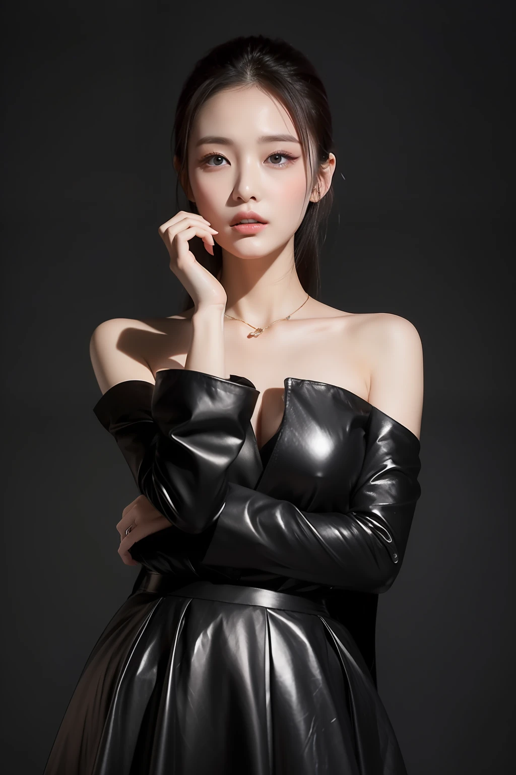 (highy detailed,8K,realisticlying,meticuloso,Real Human)focal,动态照明,Realistic poster with very detailed faces。The Queen of Dark Temperament exudes a cold charm,She has a face that is hard to ignore。Thick and slender black hair draped over her shoulders,Exudes a hint of mystery。Her eyes were deep and sharp,Like the stars of the night,It reveals a power that cannot be fathomed。Her tall nose and slightly raised lips outline the perfect proportions of her face,It gives a noble and cold feeling。Her skin was as fair as snow,It was as if I had never seen the pure color of sunlight,A stark contrast to the brunette hair。She is slender and charming,Like an elegant black swan。She wore a silver-white bandeau dress,The material of the dress shimmered,Cast a mysterious and seductive light in the darkness。The skirt extends downwards,Gently brush the curve of her slender and slender legs,Show off her charming figure。She has an obsidian bracelet embedded in her wrist,Exudes a mysterious energy。Every time she moves,The obsidian on the bracelet will emit a dark and dazzling light,It was as if connected to her soul。She was wearing a pair of high-heeled black leather boots,The intricate design expresses her unique taste。Every step she took,It was as if the whole world was trembling for it,Her aura seemed to be able to tear the darkness apart,Blaze a trail for her to be alone。The queen of dark temperament has become the focus of attention with her highly detailed appearance,Every detail exudes a charm that cannot be ignored。Her cold exterior hides endless power,Let people have inexplicable awe and yearning for her。