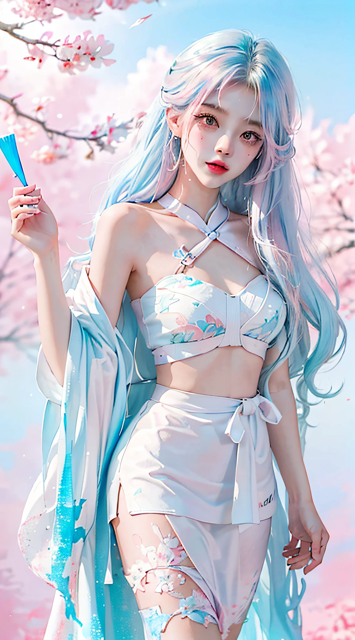 （tmasterpiece、best qualtiy、A high resolution），white backgrounid，Acrylic paints，（（splash of color，Splash ink、Color splattering）），Sweet Chinese girl，light blue long hair，[light blues|Pink big breasts]the hair，curlies，glitters，Pink lips，White color blouse，frontage，Above the legs