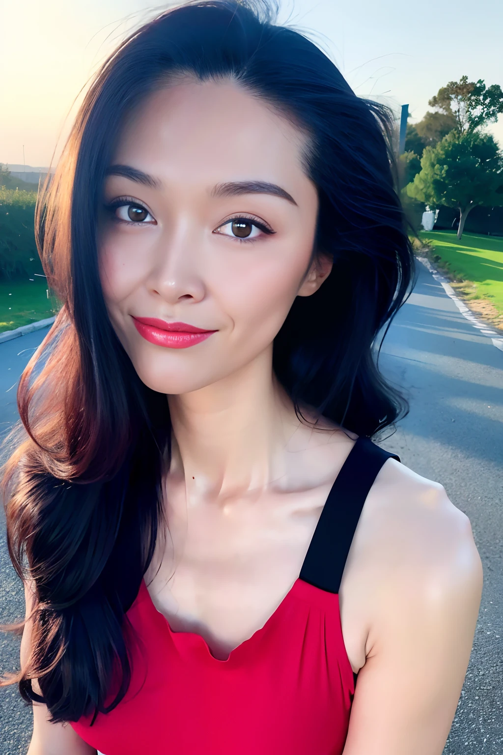 (best quality, masterpiece:1.2), 18yo girl, wearing one piece red, on a seashore, night light, realistic face, perfect body, good anatomy, perfect face, curly long hair, black hair, photorealism, hyper-detailed, high quality, posing for photo, sexy