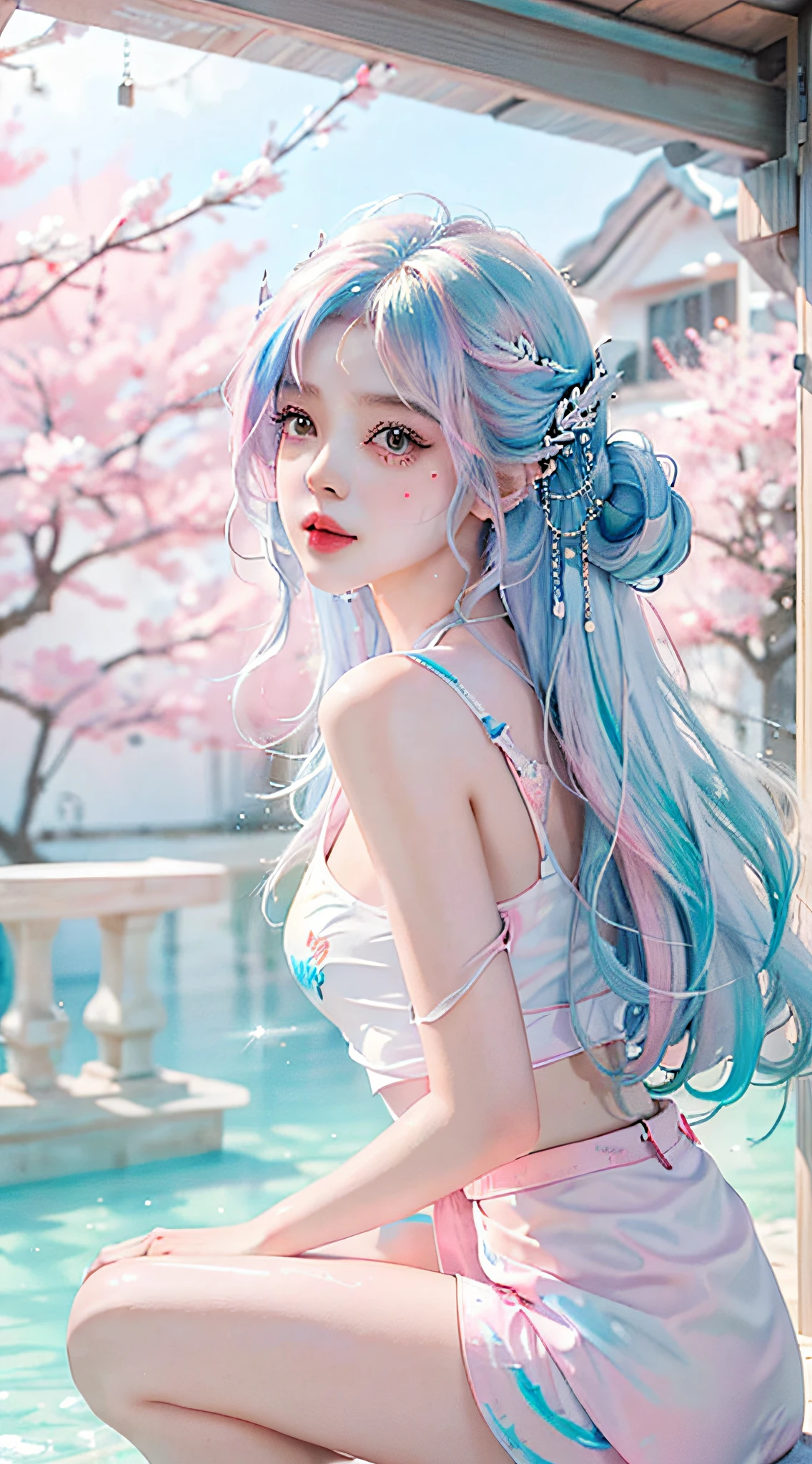 （tmasterpiece、best qualtiy、A high resolution），white backgrounid，Acrylic paints，（（splash of color，Splash ink、Color splattering）），Sweet Chinese girl，light blue long hair，[light blues|Pink big breasts]the hair，curlies，glitters，Pink lips，White color blouse，frontage，Above the legs