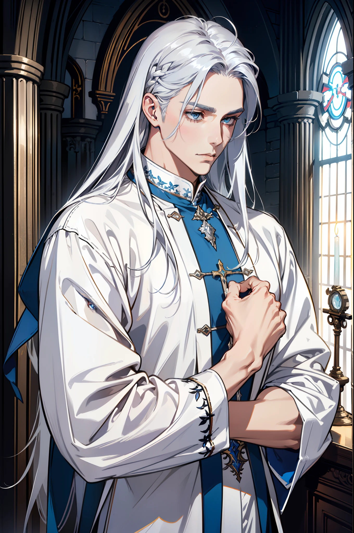 1 male, beautiful male body, tall man, muscles, (Very long silver hair, Hair color silver, street hairstyle) , (silver color eyes), realistic eyes, beautiful eyes), Priest's clothes, (He wore a priest in white with some blue details, white color priest clothes), (8k wallpaper), (blue color church wallpaper) 8k, high quilty, realistic, beautiful realistic, Cool details, raw photo, realistic clothing, long hair, silver hair, realistic hair, Light and cool lighting, photo realistic, Cel shaded, Gel lighting, ultra details, (man is a priest, the high priest)