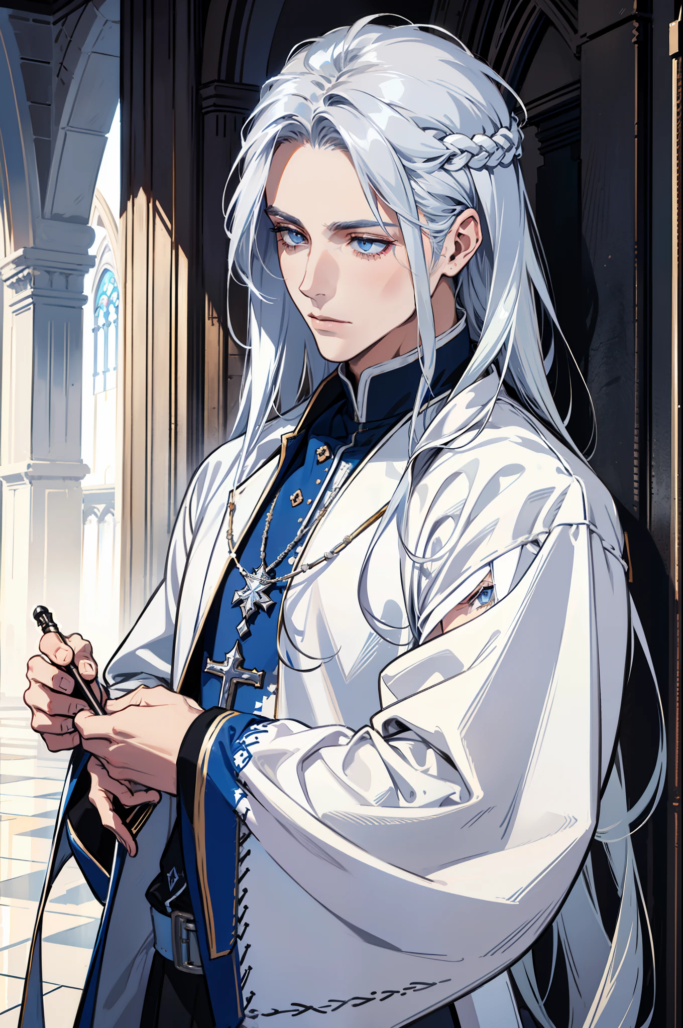 1 male, beautiful male body, tall man, muscles, (Very long silver hair, Hair color silver, street hairstyle) , (silver color eyes), realistic eyes, beautiful eyes), Priest's clothes, (He wore a priest in white with some blue details, white color priest clothes), (8k wallpaper), (blue color church wallpaper) 8k, high quilty, realistic, beautiful realistic, Cool details, raw photo, realistic clothing, long hair, silver hair, realistic hair, Light and cool lighting, photo realistic, Cel shaded, Gel lighting, ultra details, (man is a priest, the high priest)