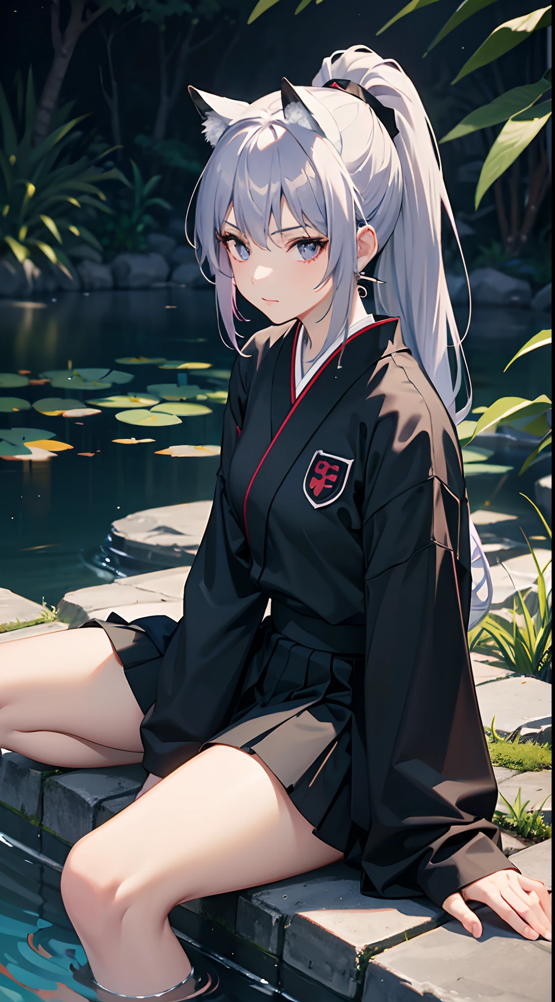 a teenager, female, (japanese ninja), (solo), ((sit beside the pond)), beautiful, (black uniform and skirt), (gradient eyes), (wear fox mask on head), gradient hair, silver hair, purple hair, ponytail, (cinematic lighting),masterpiece, ray tracing, reflection light, depth of field, glowing light, best quality, high quality, highres, (textured skin), UHD, 8k