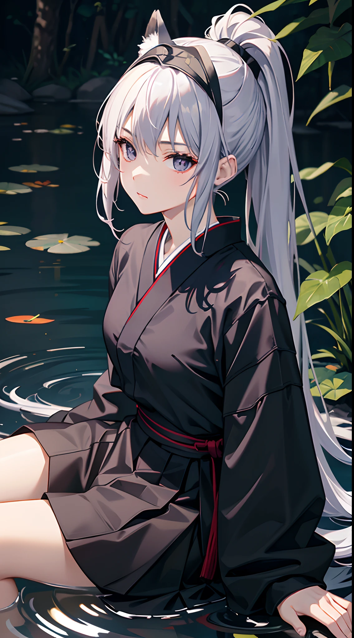 a teenager, female, (japanese ninja), (solo), ((sit beside the pond)), beautiful, (black uniform and skirt), (gradient eyes), (wear fox mask on head), gradient hair, silver hair, purple hair, ponytail, (cinematic lighting),masterpiece, ray tracing, reflection light, depth of field, glowing light, best quality, high quality, highres, (textured skin), UHD, 8k