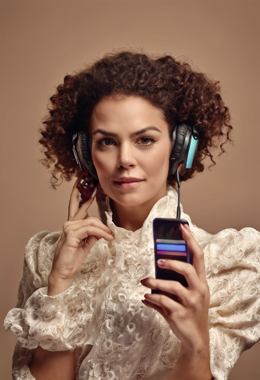 Woman with cell phone in hand, cabelos castanhos, no aranhaverso, studio illumination, dynamic lighting, obra-prima, ultra realista
