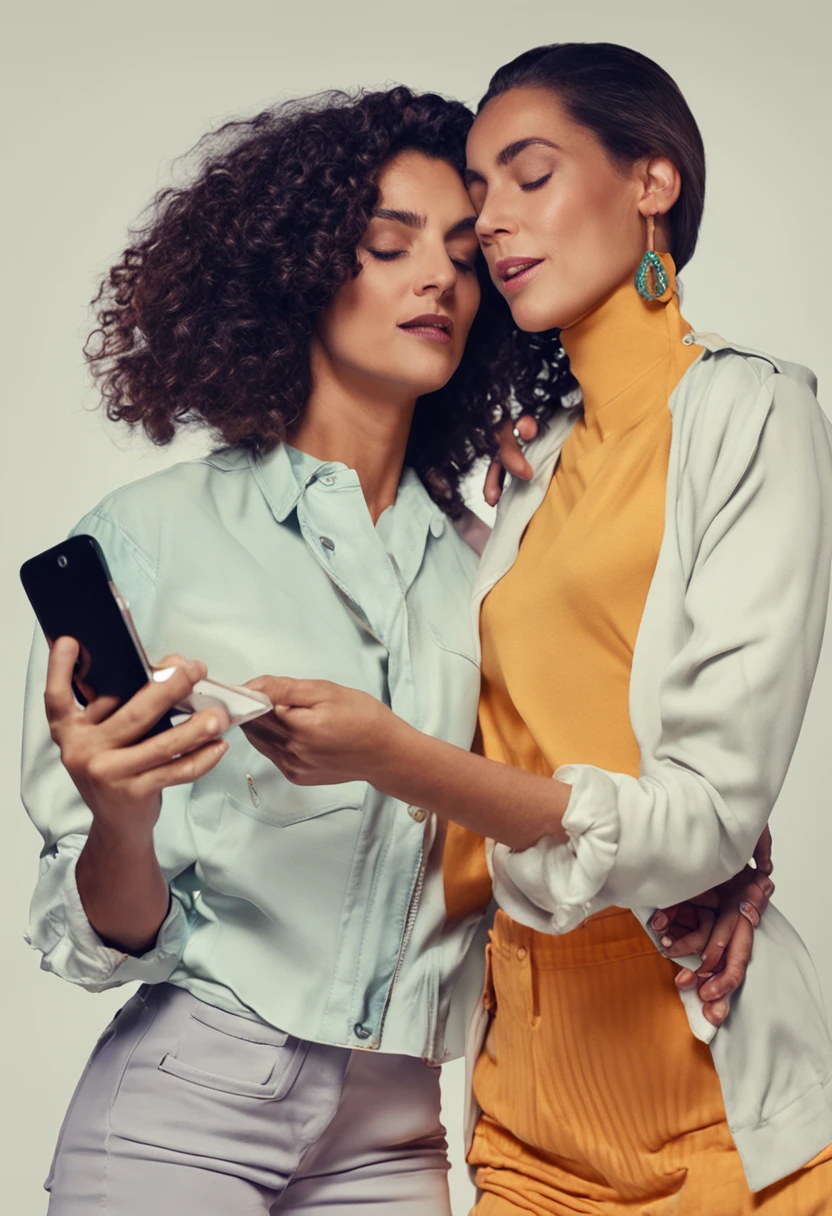 Woman with cell phone in hand, cabelos castanhos, no aranhaverso, studio illumination, dynamic lighting, obra-prima, ultra realista