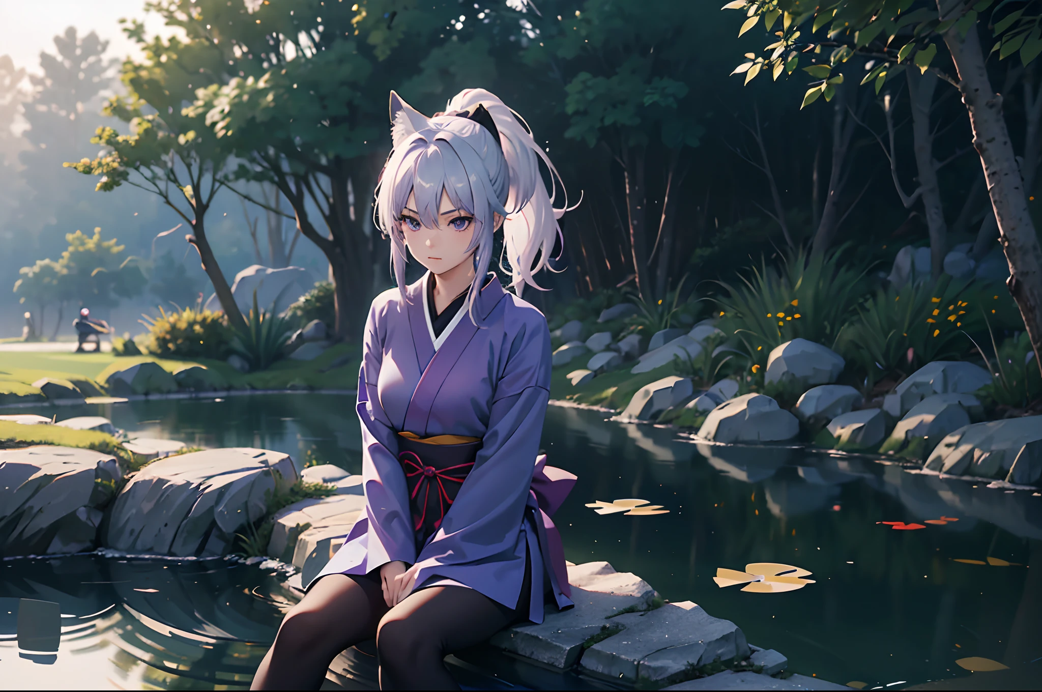 a teenager, female, (japanese ninja), (solo), ((sit beside the pond)), beautiful, (ninja grab), (gradient eyes), (fox mask on head), gradient hair, silver hair, purple hair, ponytail, (cinematic lighting), ray tracing, reflection light, depth of field, glowing light, best quality, high quality, highres, (textured skin), UHD, 8k