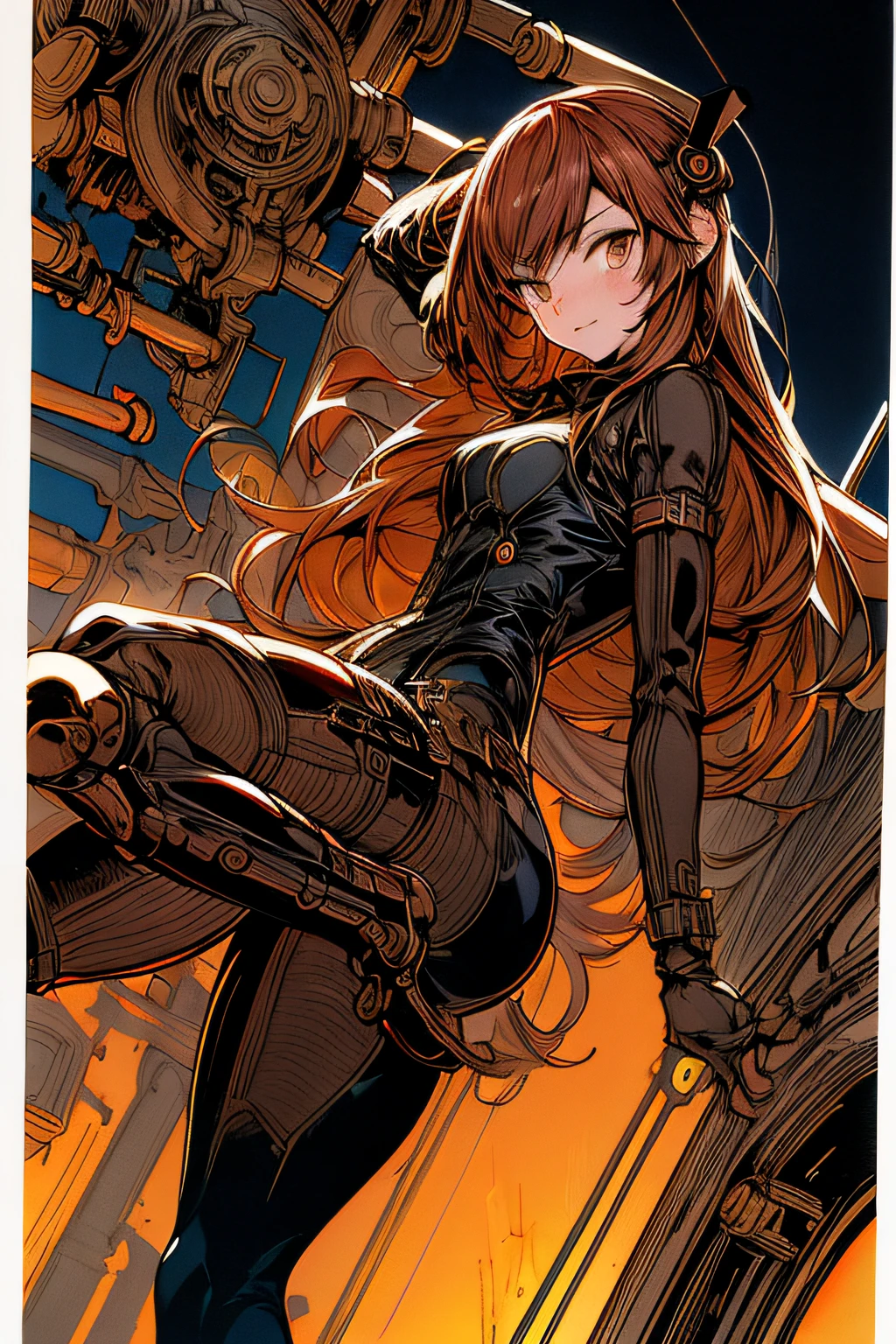 (comic book style),(linear art_Anime),(masutepiece, Best Quality, ),(Laura Bad Picture:1.2),(Lora Add Details:1.2),Highly detailed flat color:0.8, 8K,1 girl in,Steampunk、machinery background