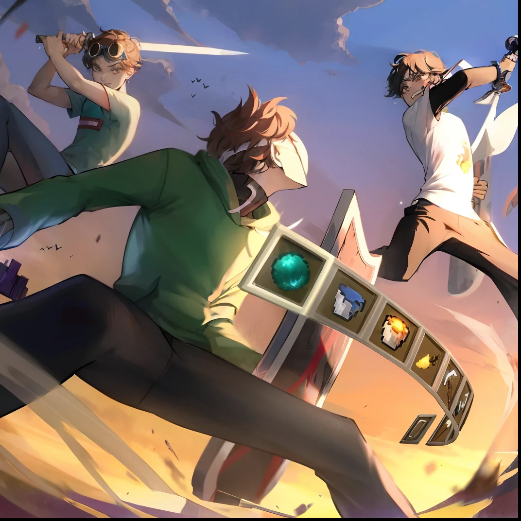 Anime characters fly through the air with swords and clocks, Epic anime style, anime fight, High-quality fanart, an epic anime of tuff luck, official fanart, Fan art, Anime epic artwork, background artwork, author：New Art, league of legends art style, highly detailed exquisite fanart, offcial art, league of legends style art, Game art!!