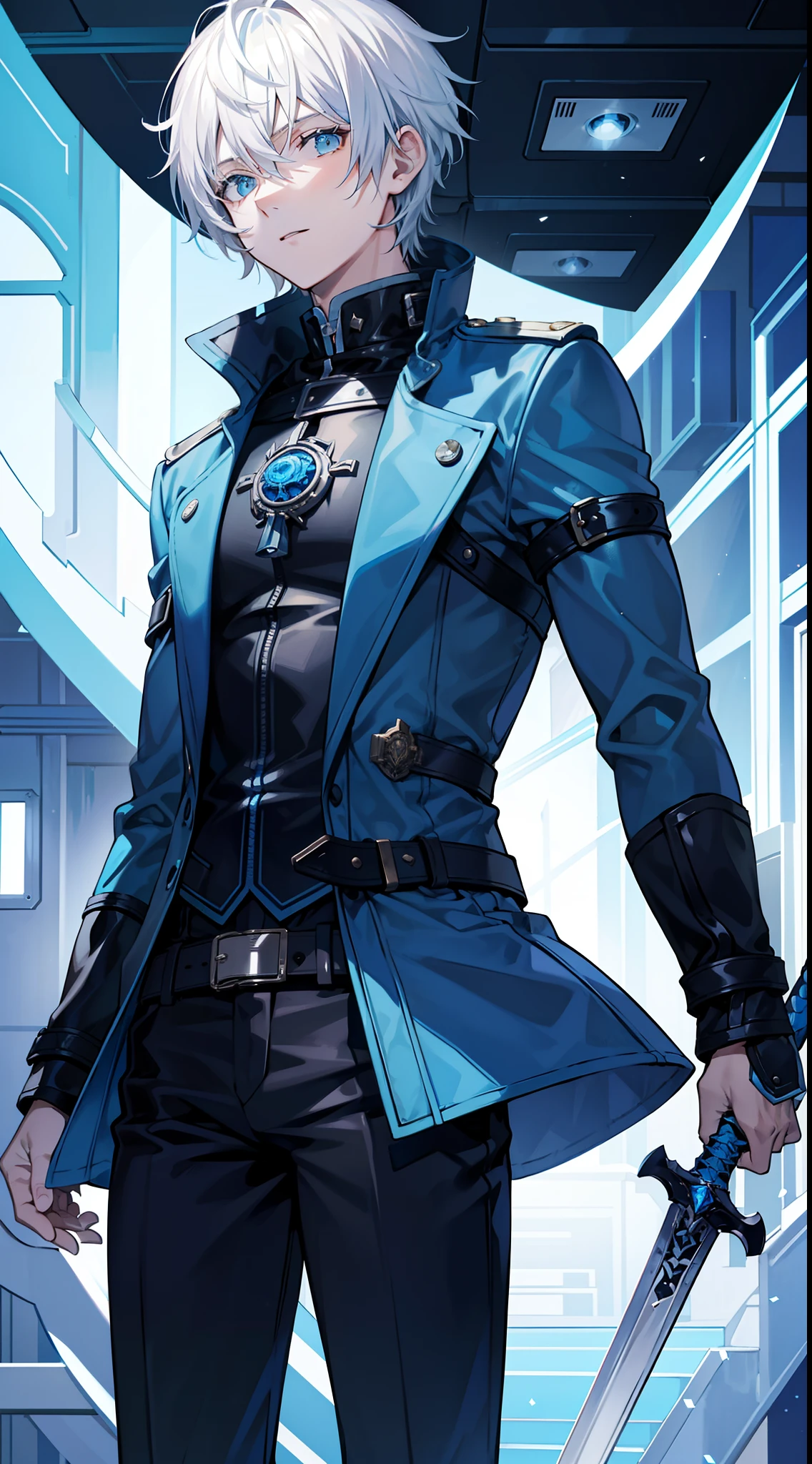 Grown-up guy, short white hair, eyes with blue color, Blue leather coat, belts, circuits, breeches, two swords, Masterpiece, hiquality