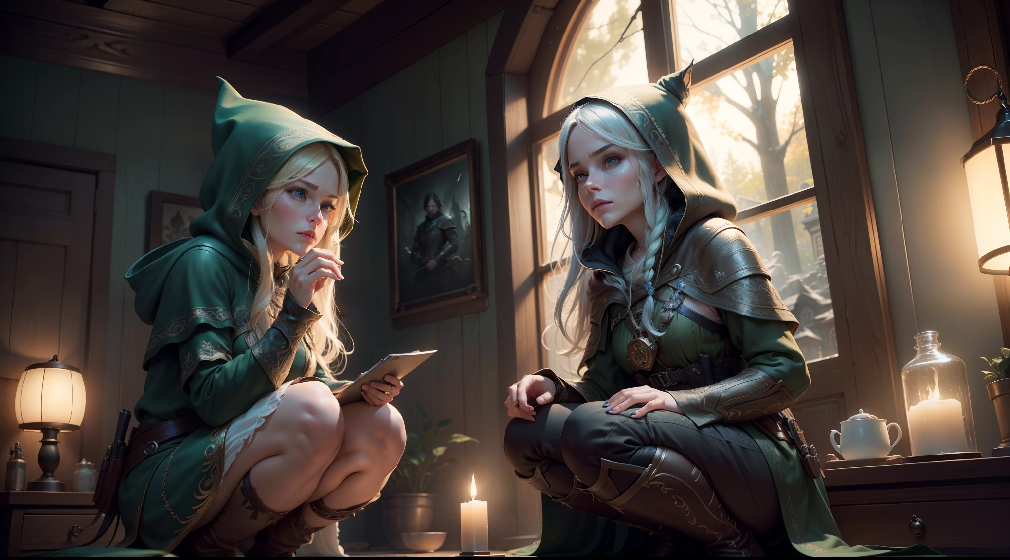 duo: Elven female ( Golden hair, Green eyes )Squatting ( concerned: 1,3 ) , Elven female( Golden hair, Cyan eyes ) Squatting, vibe (( In a house from Skyrim, Stealing things)) (Add characters, stealing from the bedside table) ( Firefly: 1,2) ( Wear magical cloaks with a hood ) ((Night Crime, the night, window, the wind, vibe )) ( tension ) insane details, beautifully color-graded, Unreal engine, Depth of field, extra high resolution, megapixel, Cinematic Lightning, Smoothing, insanely detailed and intricate , Hyper maximalist, hyper realistic, volumetric, Photorealistic, ultra photorealistic, ultra- detailed, intricate details, 8K, Super detailed , Full color, voluminous lighting, HDR, Realistic, Unreal engine, 16k, sharp-focus, Octane Render, RTX. Incredibly detailed faces, Incredible fingers, Unbelievable eyes, Incredible hair, Incredible hands