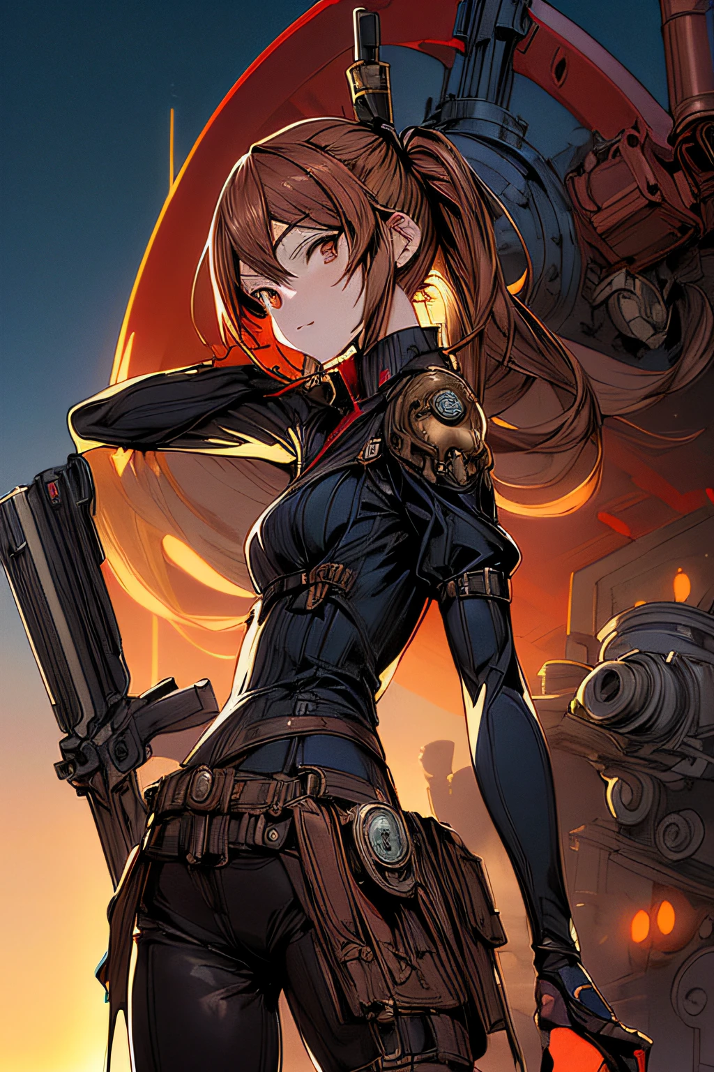 (comic book style),(linear art_Anime),(masutepiece, Best Quality, ),(Laura Bad Picture:1.2),(Lora Add Details:1.2),Highly detailed flat color:0.8, 8K,1 girl in,Steampunk、machinery background