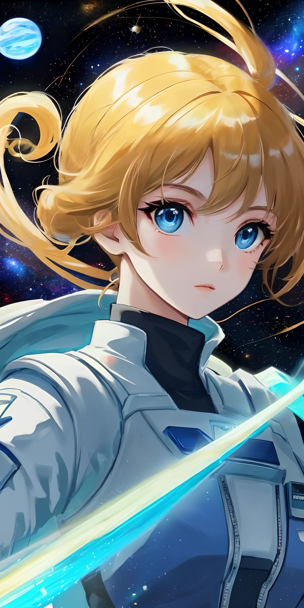 A girl with blue eyes,Wear space protective clothing,Float in the bright and deep universe