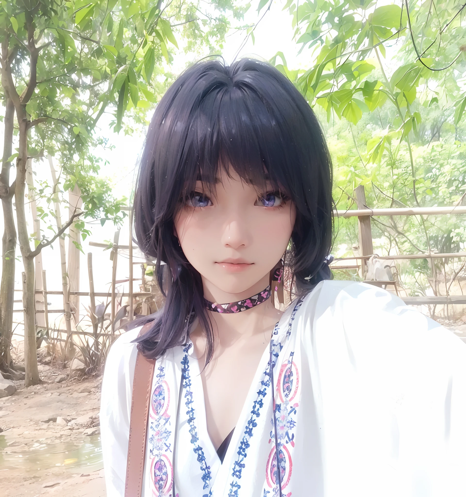 a ager, female, (japanese ninja), (solo), ((sit beside the pond)), beautiful, (ninja grab), (gradient eyes), (fox mask), gradient hair, silver hair, purple hair, ponytail, (cinematic lighting), ray tracing, reflection light, depth of field, glowing light, best quality, high quality, highres, (textured skin), UHD, 8k