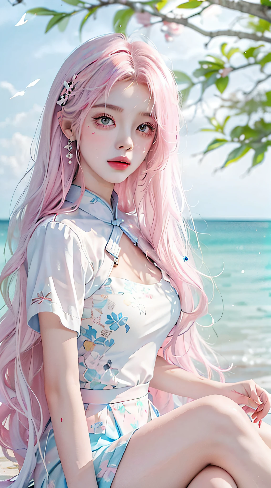 （tmasterpiece、best qualtiy、A high resolution），white backgrounid，Acrylic paints，（（splash of color，Splash ink、Color splattering）），Sweet Chinese girl，light blue long hair，[light blues|Pink big breasts]the hair，curlies，glitters，Pink lips，White color blouse，frontage，Above the legs
