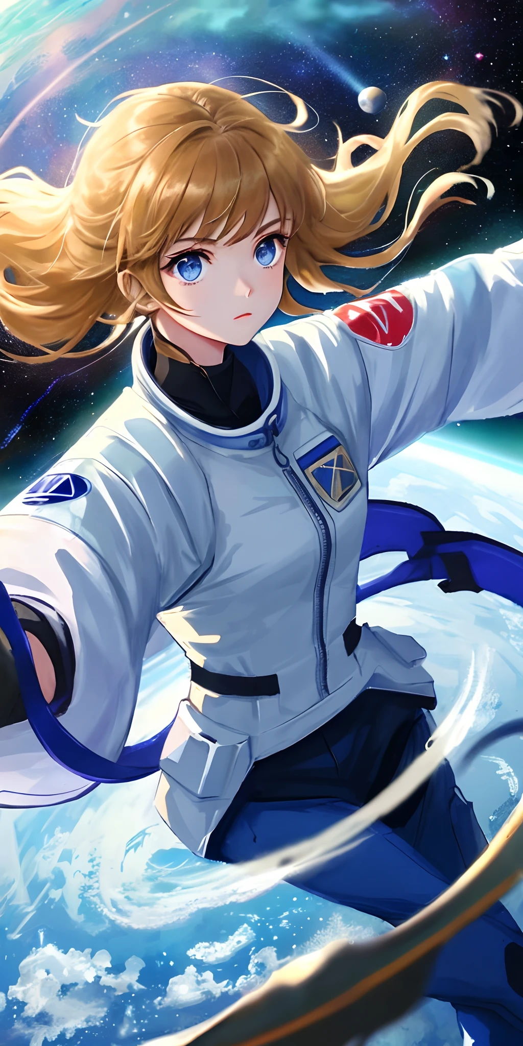 A girl with blue eyes，Wear space protective clothing，Float in the bright and deep universe