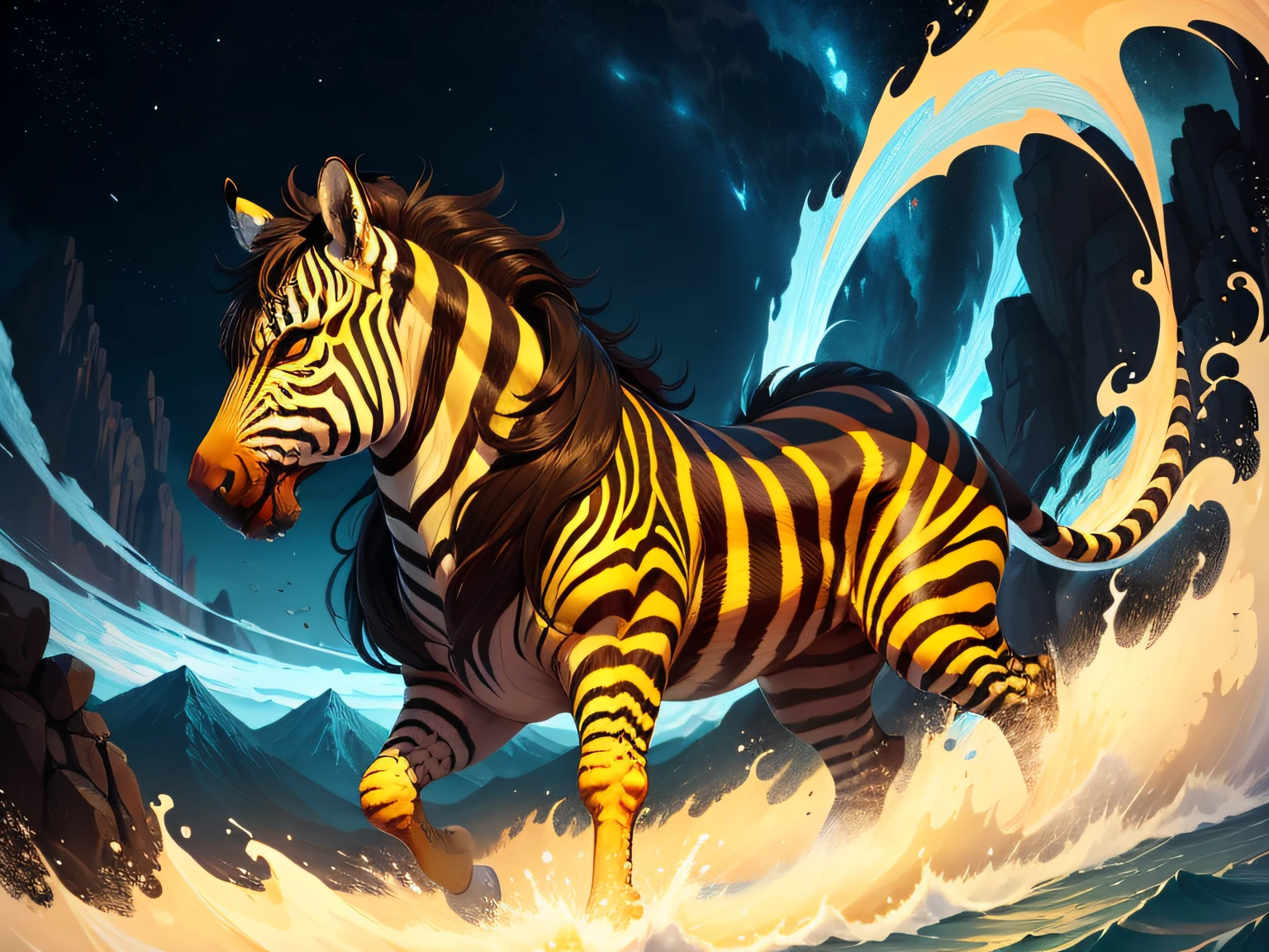 tmasterpiece,High Picture Quality, Dynamic cartoon style, Inspired by the Classic of Mountains and Seas,Chinese mythology and stories, Beast image, high saturated, Yellow zebra pattern, White head, Red tail。