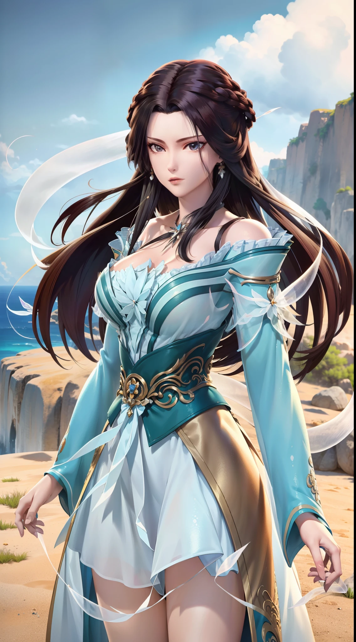 tmasterpiece, Need, 1female, brunette color hair, cropped shoulders, long whitr hair, shift dresses, Cowboy photos, Dynamic pose, first person perspective, White fairy island background, Round Zen art,hyper HD.