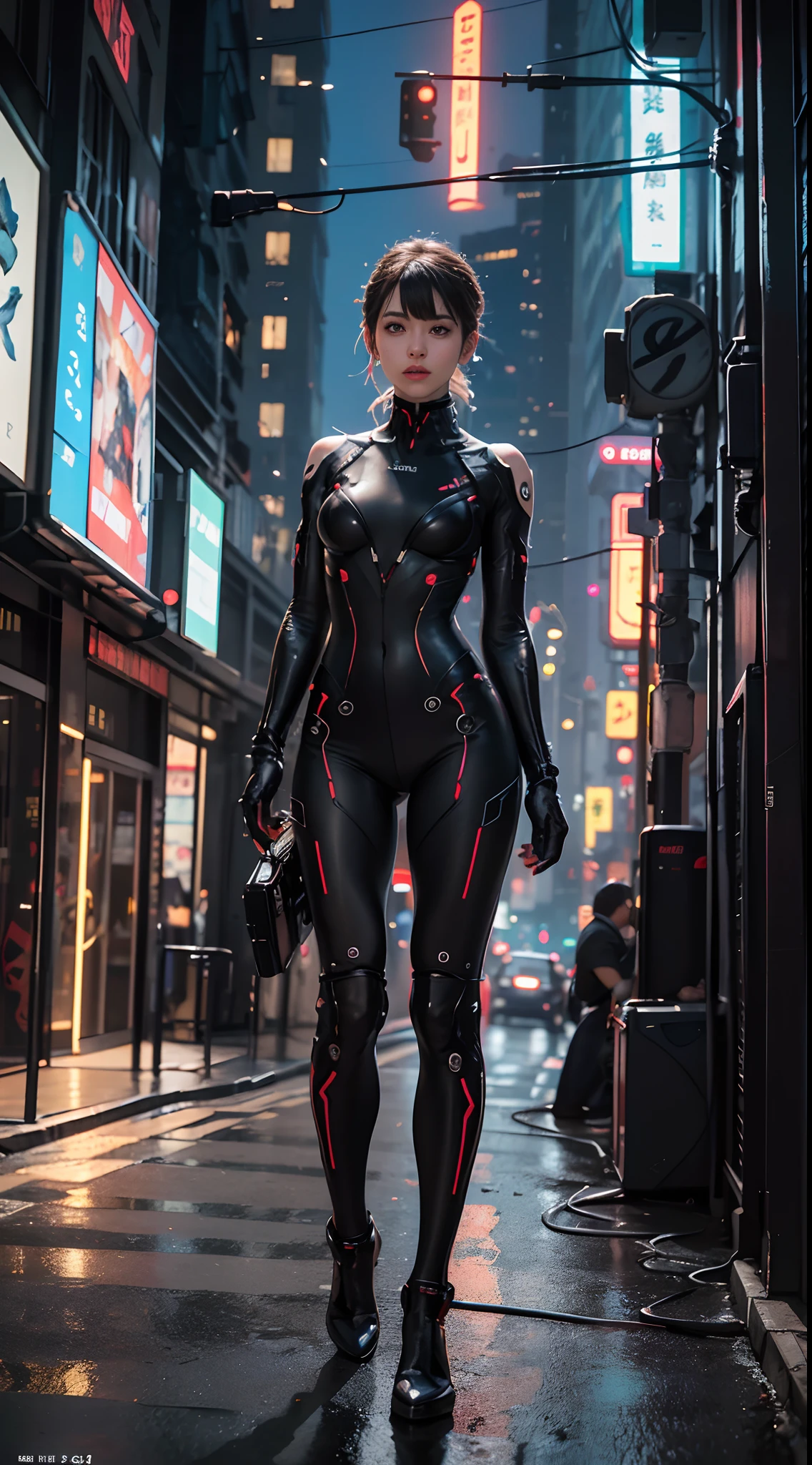 Full body like,Top quality, Masterpiece, 超高分辨率, ((Photorealistic: 1.4), RAW photo, 1 Cyberpunk Girl, Glossy glossy skin, 1 mechanical girl, (hyper realistic detailed)), Mechanical limbs, Tubes attached to mechanical parts, Mechanical vertebrae attached to the spine, mechanical cervical attachment to the neck, wires and cables connecting to head, Evangelion, Luminous small light, globalillumination, Deep shadows, Octane rendering, 8K, ultrasharp, metal, Intricate Ornament Details, baroque detailed, very complex details, Realistic light, CGSoation trend, Facing the camera, neon light detail, (Dazzling cyberpunk city streets in the background), Fisheye lens view.Full body like,