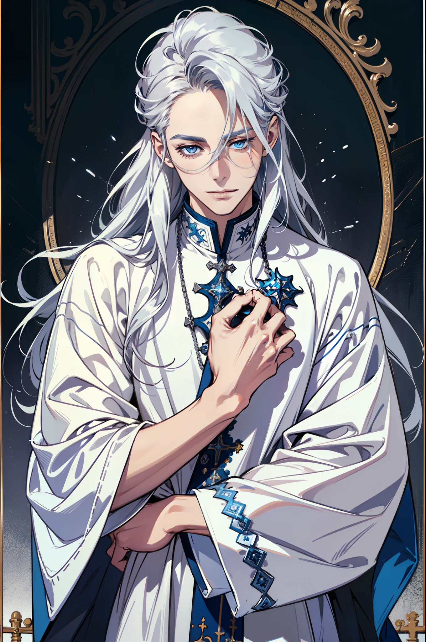 1 male, beautiful male body, tall man, muscles, cute face,smile face, (Very long silver hair, Hair color silver, street hairstyle) , (silver color eyes), realistic eyes, beautiful eyes), Priest's clothes, (He wore a priest in white with some blue details, white color priest clothes), (8k wallpaper), (blue color church wallpaper) 8k, high quilty, realistic, beautiful realistic, Cool details, raw photo, realistic clothing, long hair, silver hair, realistic hair, Light and cool lighting, photo realistic, Cel shaded, Gel lighting, ultra details, (man is a priest, the high priest)