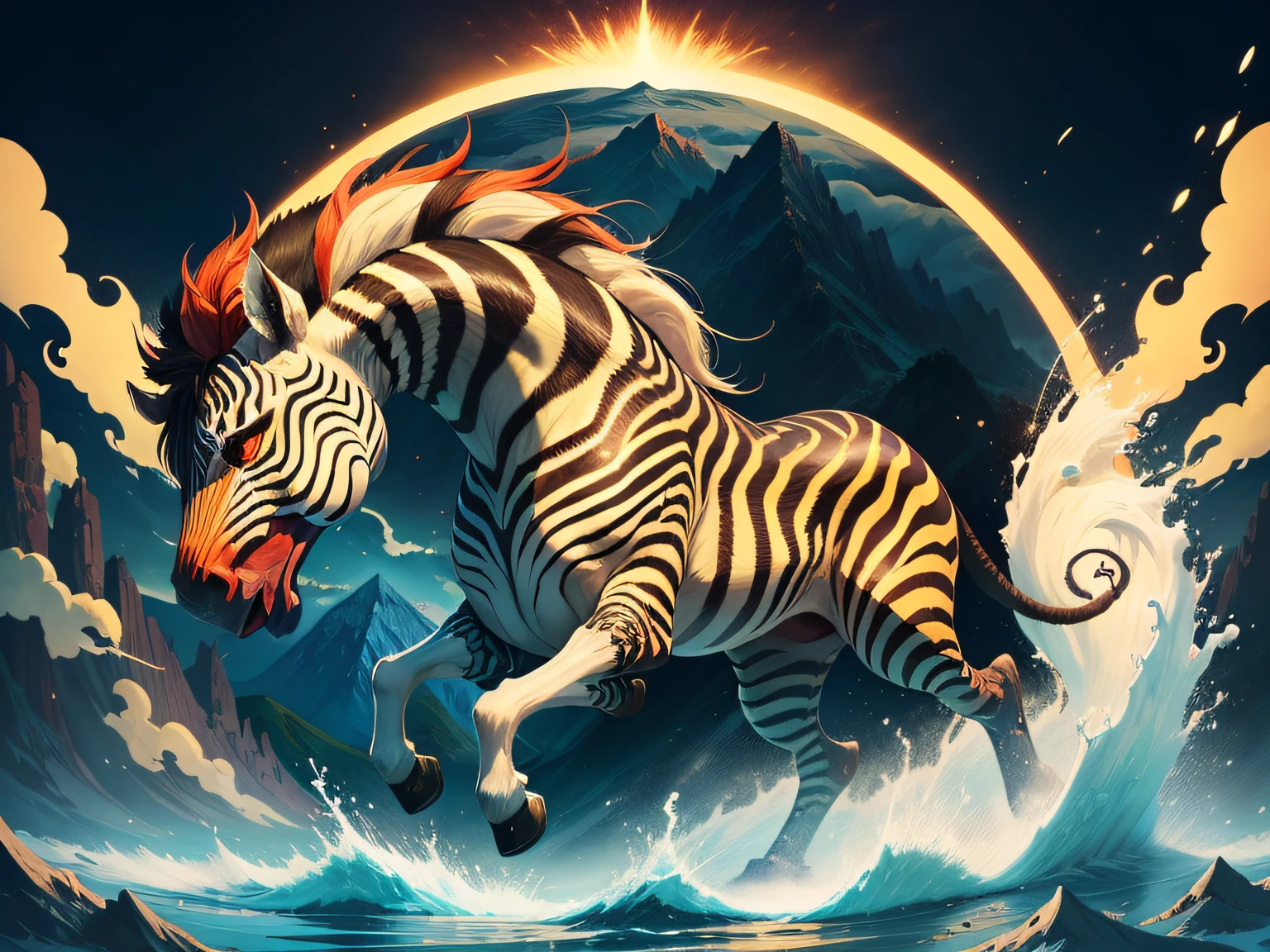 tmasterpiece,High Picture Quality, Dynamic cartoon style, Inspired by the Classic of Mountains and Seas,Chinese mythology and stories, Beast image, high saturated, Yellow zebra pattern, White head, Red tail。