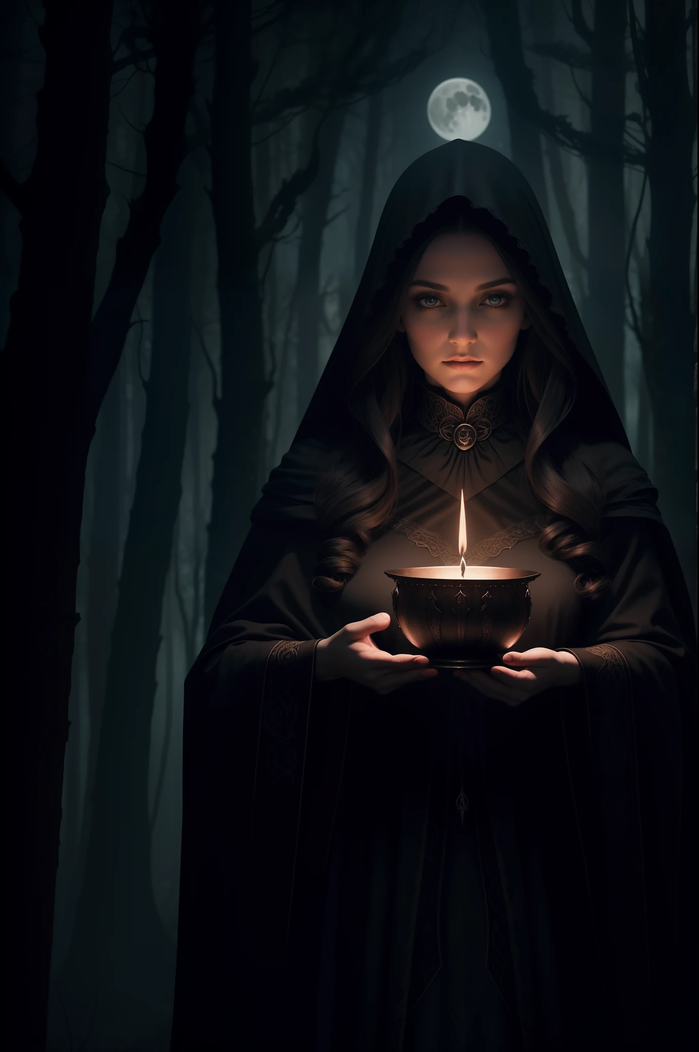 Create a captivating image of a witch immersed in the arcane arts, conjuring magic in an atmosphere imbued with darkness. Envision a moonlit clearing in a dense forest, surrounded by towering trees. The moon casts an ethereal glow, illuminating mist that hangs low on the ground. At the center stands the witch, her silhouette framed against the eerie backdrop.
The witch wears a flowing cloak that seems to merge with the shadows, while her eyes gleam with an otherworldly intensity. Her hands are adorned with ornate rings, and they move in intricate patterns as she harnesses the magic that swirls around her. The air crackles with energy, and symbols of mysticism and power form in the air before her, weaving a tapestry of dark enchantments.
In her presence, candles flicker to life, their flames dancing to an unseen rhythm. A cauldron, placed over a fire, emits tendrils of swirling mist, carrying the scent of ancient herbs and secrets. The image should evoke a sense of both wonder and unease, as if the witch's mastery over the arcane defies the very fabric of reality. The interplay of light and shadow should accentuate the magical elements and the intensity of her focus.
The color palette should be dominated by deep, rich hues, with the moon's light creating stark contrasts. The forest's sounds are hushed, as if the world itself holds its breath in anticipation of the witch's conjurations. The result should be a breathtaking visual representation of a witch lost in the art of dark magic, inviting viewers into a realm where the line between reality and fantasy blurs.
