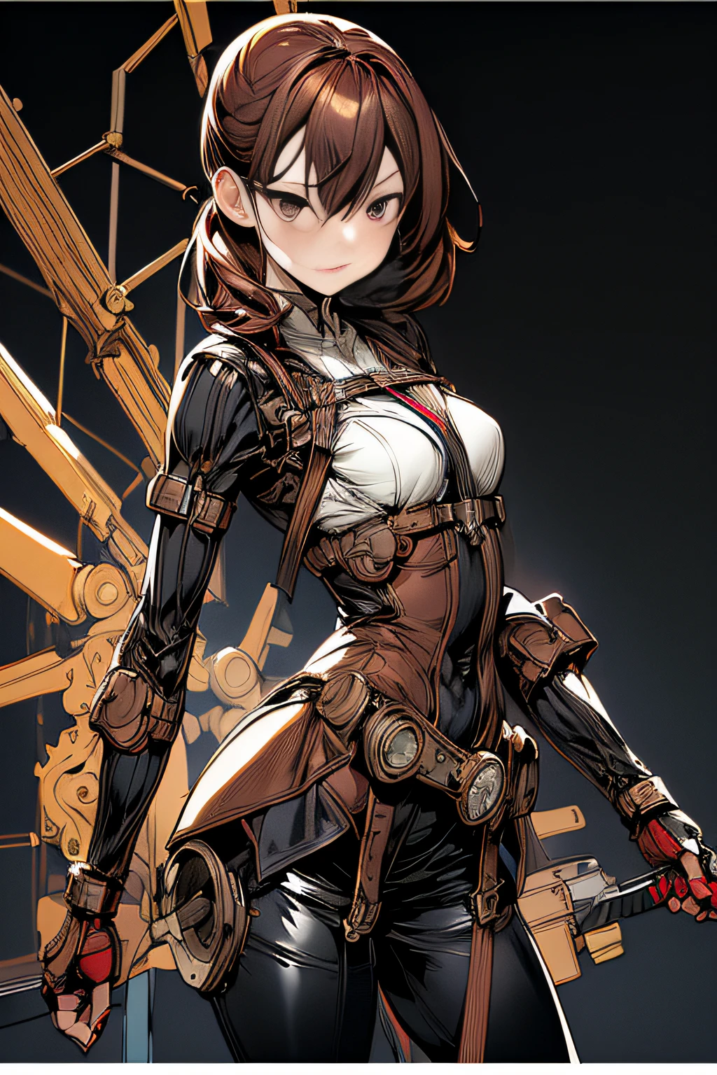 (comic book style),(linear art_Anime),(masutepiece, Best Quality, ),(Laura Bad Picture:1.2),(Lora Add Details:1.0),8K, Flat color:0.8,1girl in,steampunc、machinery background