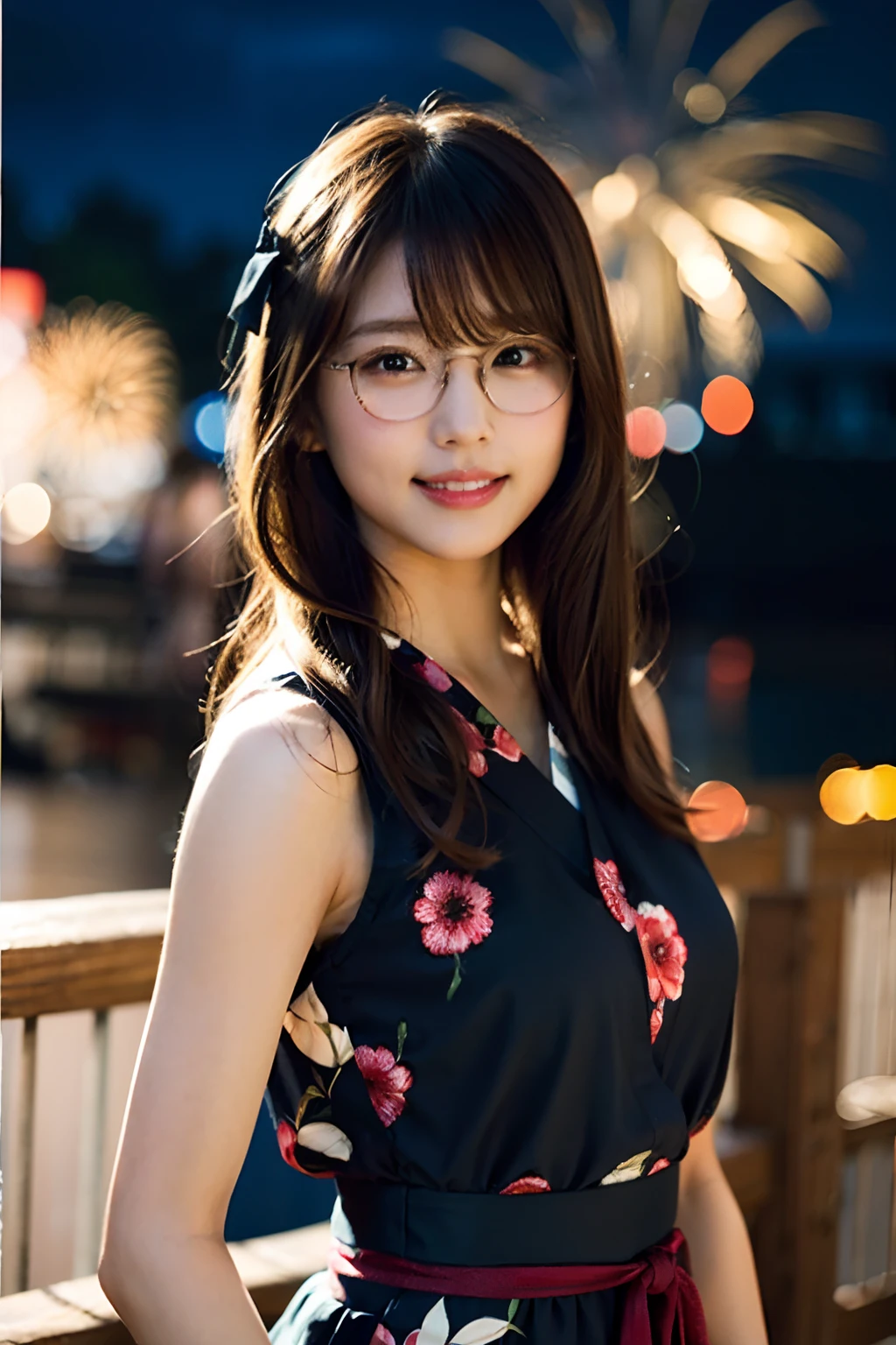 (8K、Raw photography、top-quality、masterpiece:1.2)、(realisitic、Photorealsitic:1.37)、ultra-detailliert、超A high resolution、女の子1人、see the beholder、beautifull detailed face、A smile、Constriction、(Slim waist) :1.3)、Blue yukata of Japan goldfish、Beautiful detailed skin、Skin Texture、Floating hair、Braided bow hair、Professional Lighting、Fireworks Venue、Black square glasses 、Whole human body、Brown hair、Great fireworks、