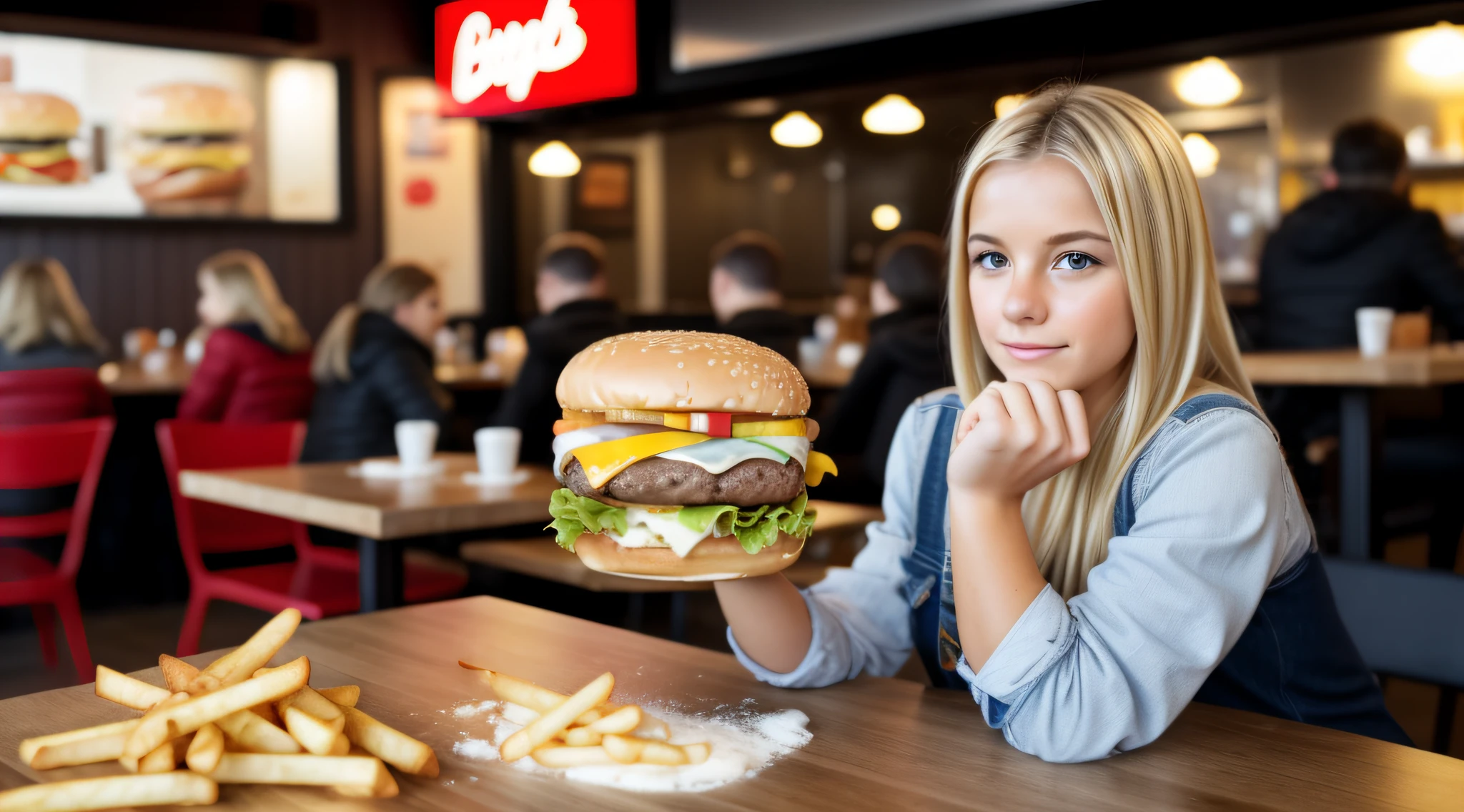 Blonde girl with burger and fries, GELO, ICE, NEVE.