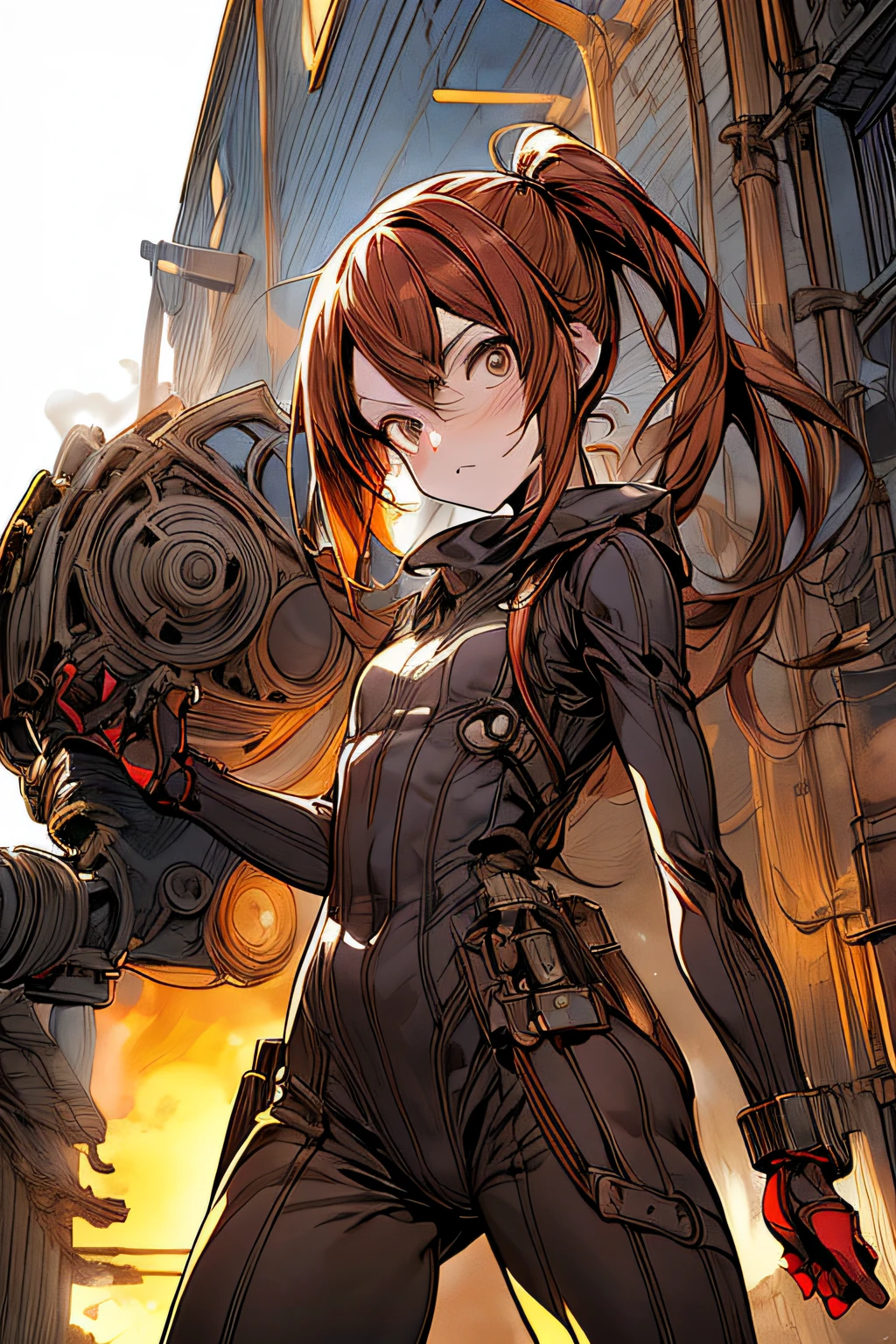 (comic book style),(linear art_Anime),(masutepiece, Best Quality, ),(Laura Bad Picture:1.2),(Lora Add Details:1.0),8K, Flat color:0.8,1girl in,steampunc、machinery background