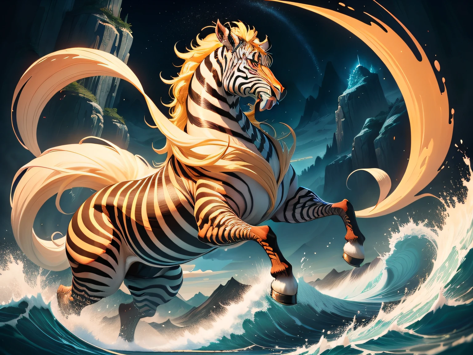 tmasterpiece，High Picture Quality, Dynamic cartoon style, Inspired by the Classic of Mountains and Seas，Chinese mythology and stories, Beast image, high saturated, Yellow zebra pattern, White head, Red tail。
