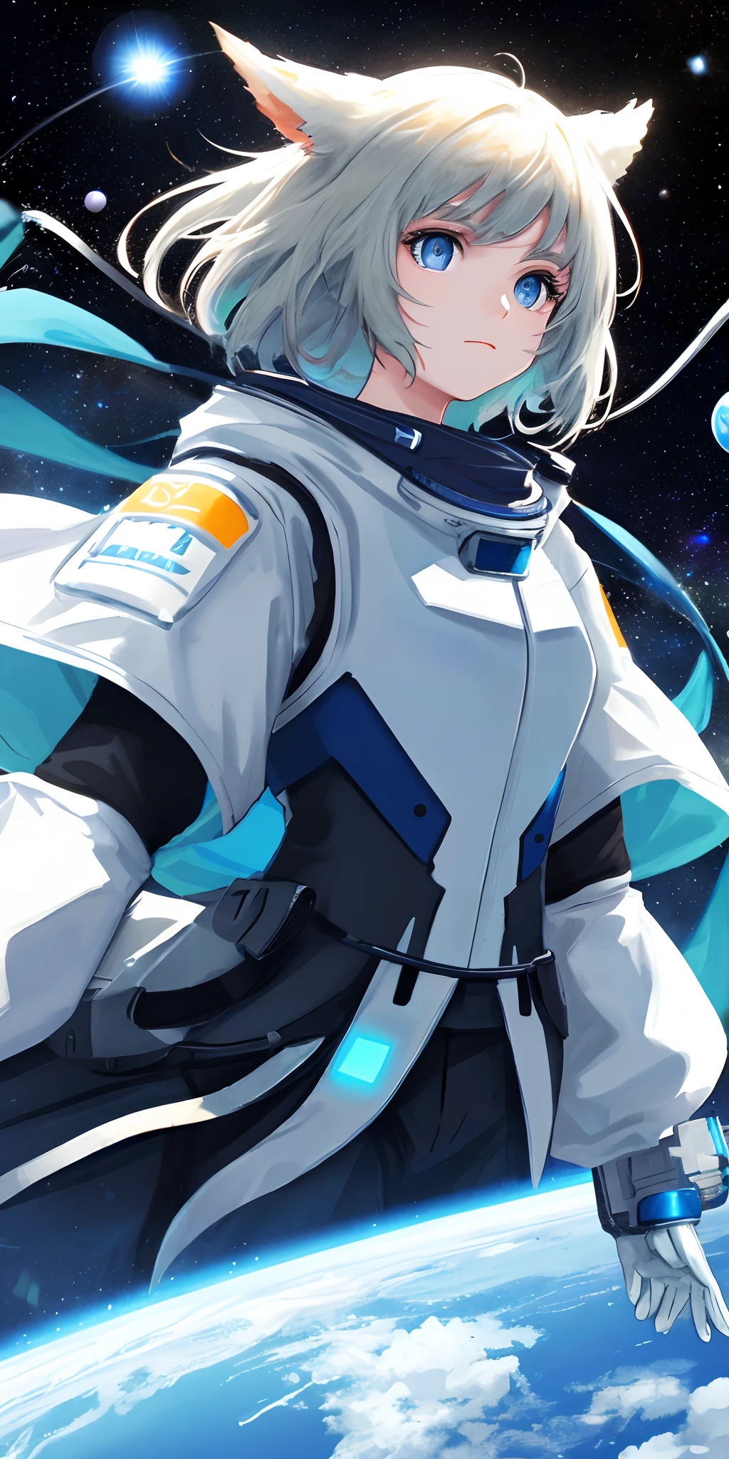 A girl with blue eyes，Wear space protective clothing，Float in the bright and deep universe