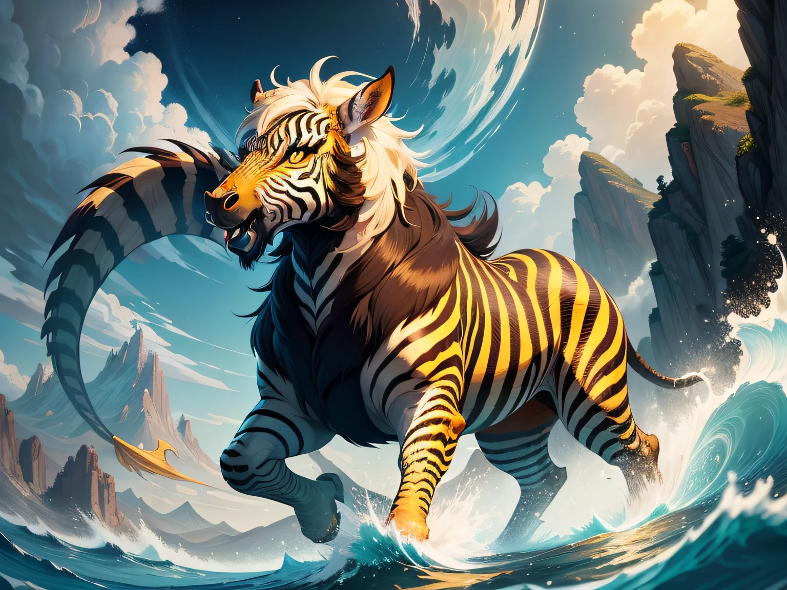 tmasterpiece，High Picture Quality, Dynamic cartoon style, Inspired by the Classic of Mountains and Seas，Chinese mythology and stories, Beast image, high saturated, Yellow zebra pattern, White head, Red tail。