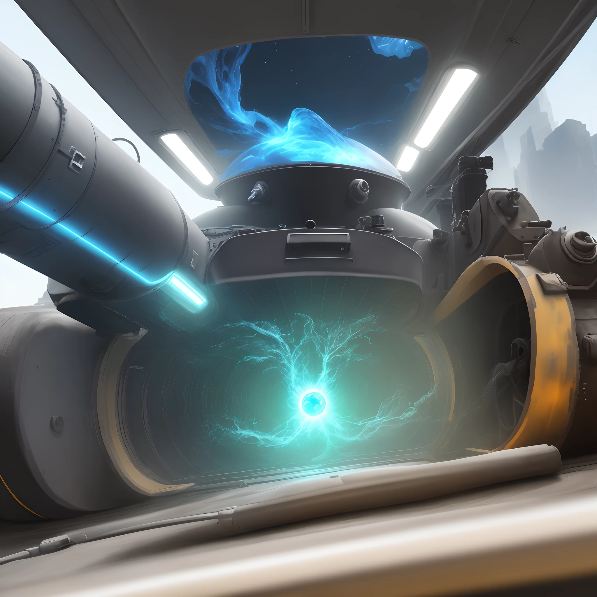 tanks,sci-fy,The body is white,There are long blue lightchhiking in a car